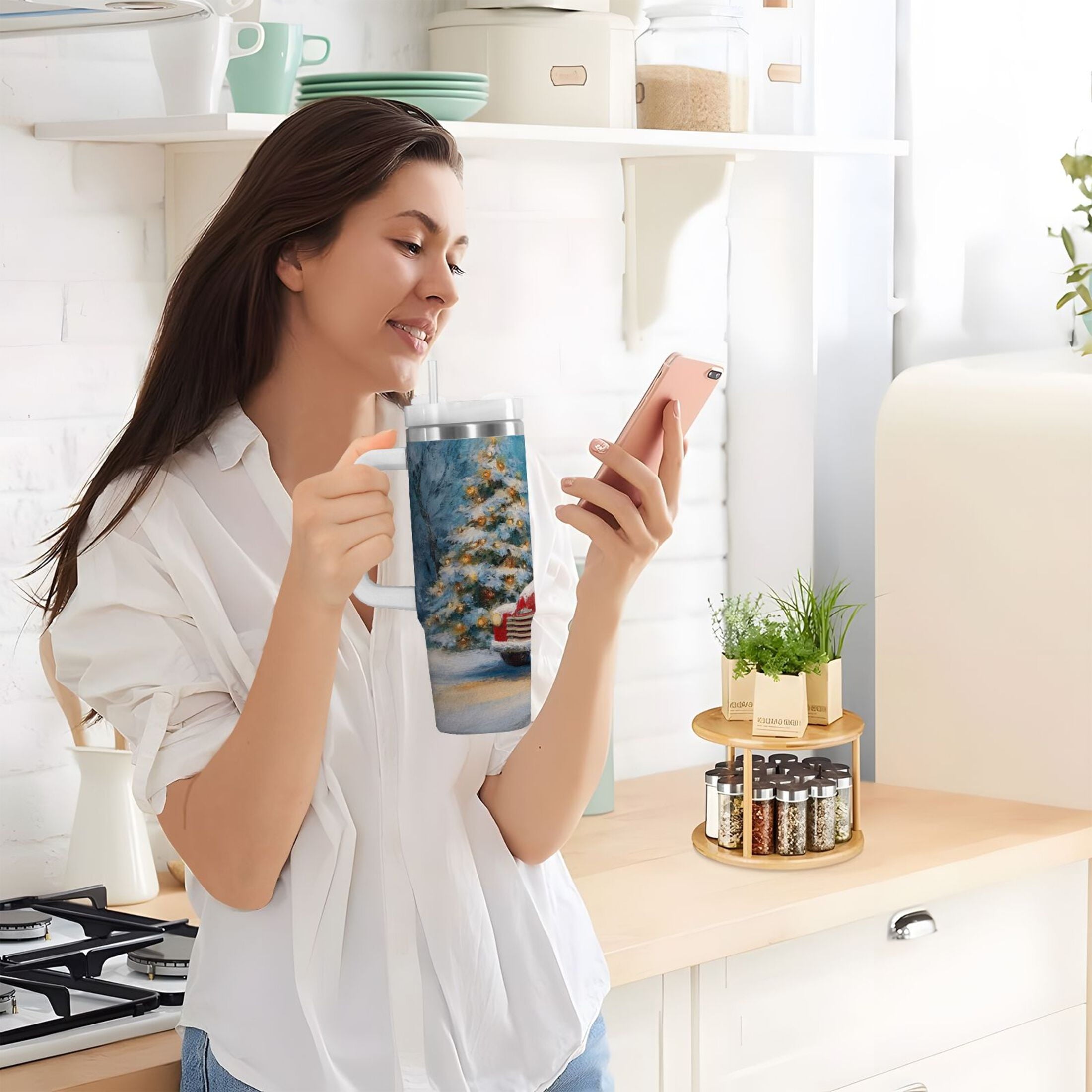 40 oz Insulated Stainless Steel Tumbler Double Wall Stainless Steel Tumbler with 2-Way Drinking Christmas Snowman in A Red Truck 21X5