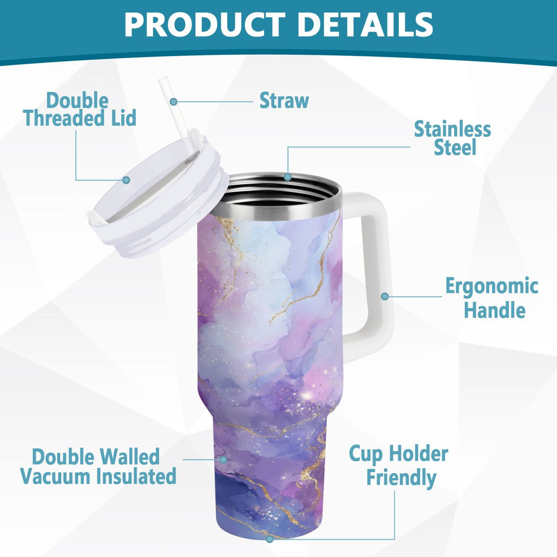 40 oz Insulated Stainless Steel Tumbler Double Wall Stainless Steel Tumbler with 2-Way Drinking Pink and Blue Marble Texture 6FBG