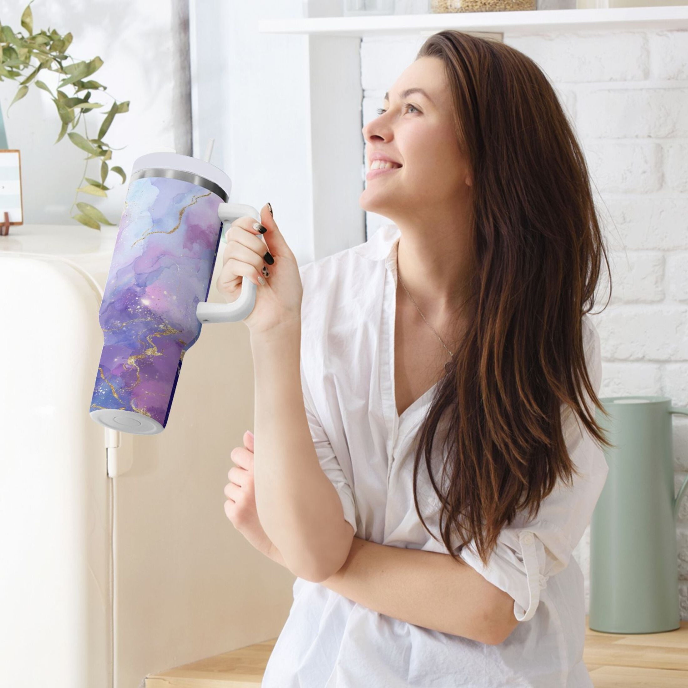 40 oz Insulated Stainless Steel Tumbler Double Wall Stainless Steel Tumbler with 2-Way Drinking Pink and Blue Marble Texture 6FBG