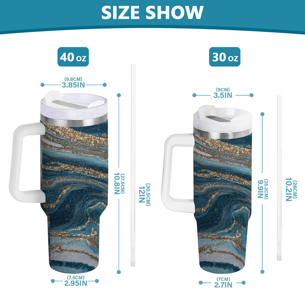 30 oz Insulated Stainless Steel Tumbler Double Wall Stainless Steel Tumbler with 2-Way Drinking Blue and Gold Swirling QE2X