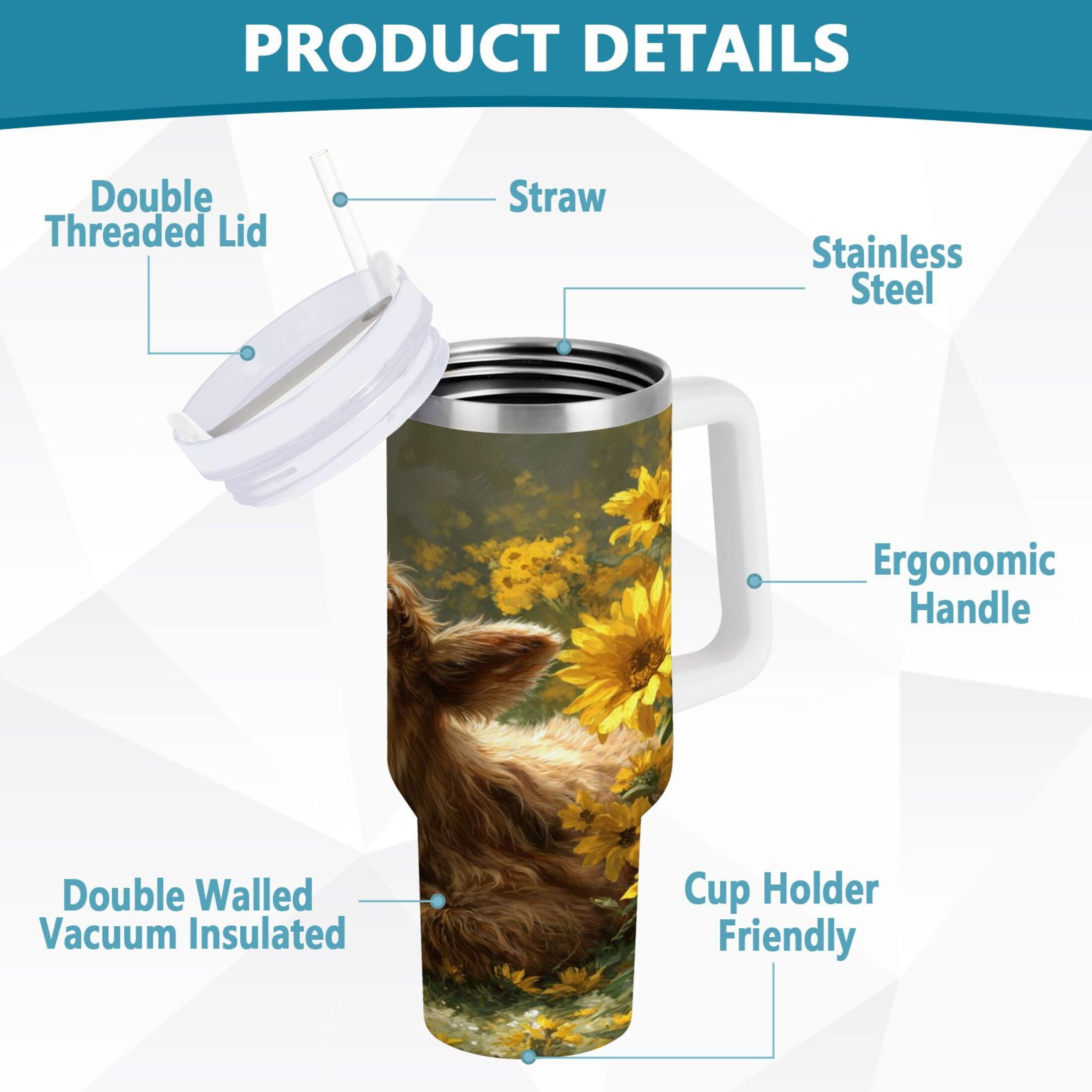 40 oz Insulated Stainless Steel Tumbler Double Wall Stainless Steel Tumbler with 2-Way Drinking Cow Lying in Sunflowers E1XS
