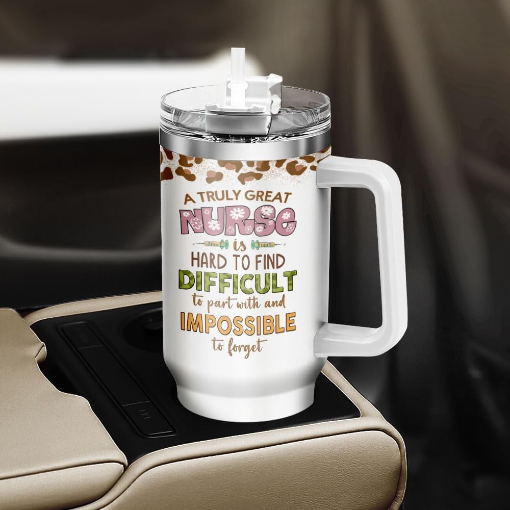 Tumbler 40 Oz With Handle Lid And Straw, Nurse Gifts, Black Camo White Engraved Print Travel Nurses Tumblers Handle Funny Cups Nursing For, Great Nurse Rainbow Daisy Flower FV57