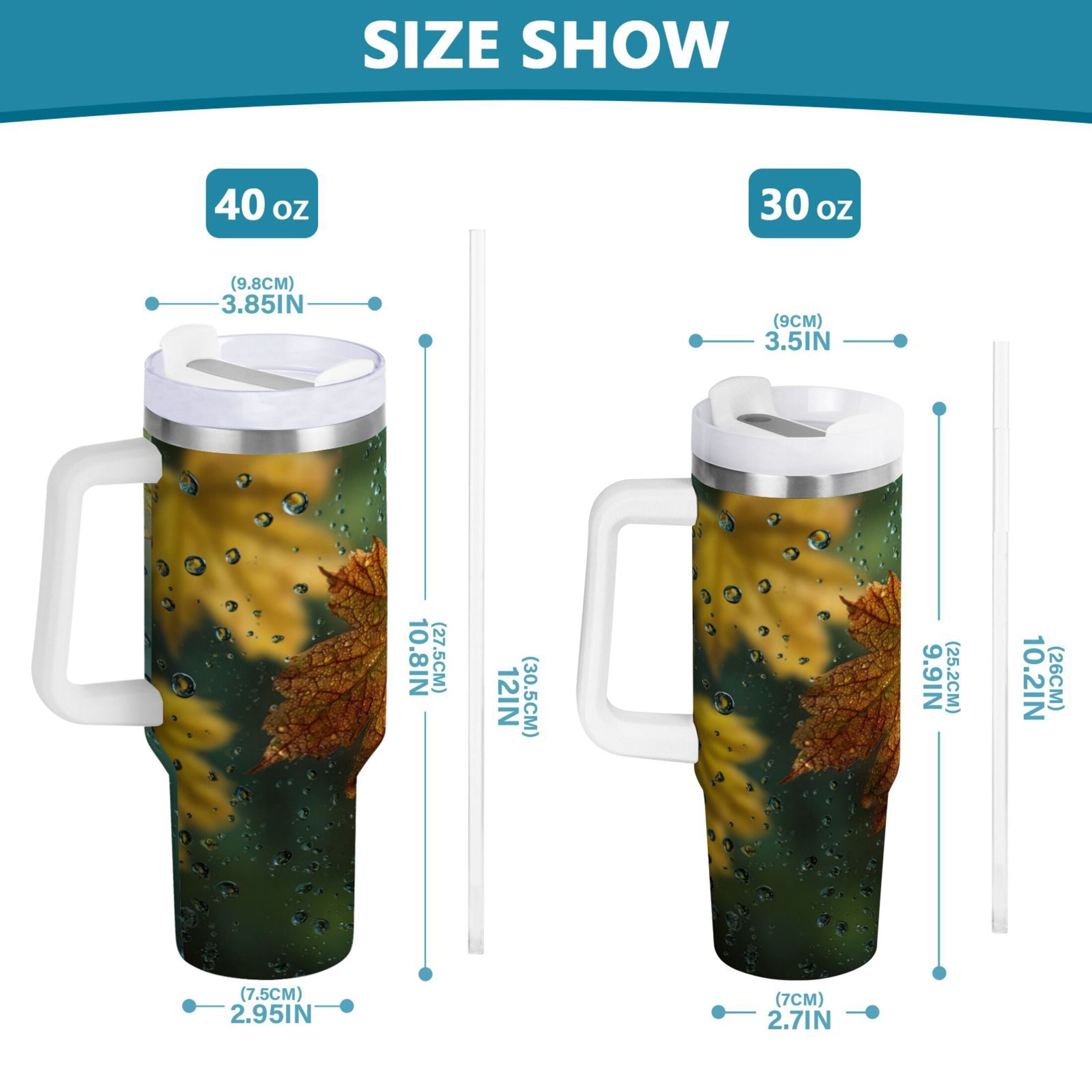 30 oz Insulated Stainless Steel Tumbler Double Wall Stainless Steel Tumbler with 2-Way Drinking Leaves with Water Droplets EV6S