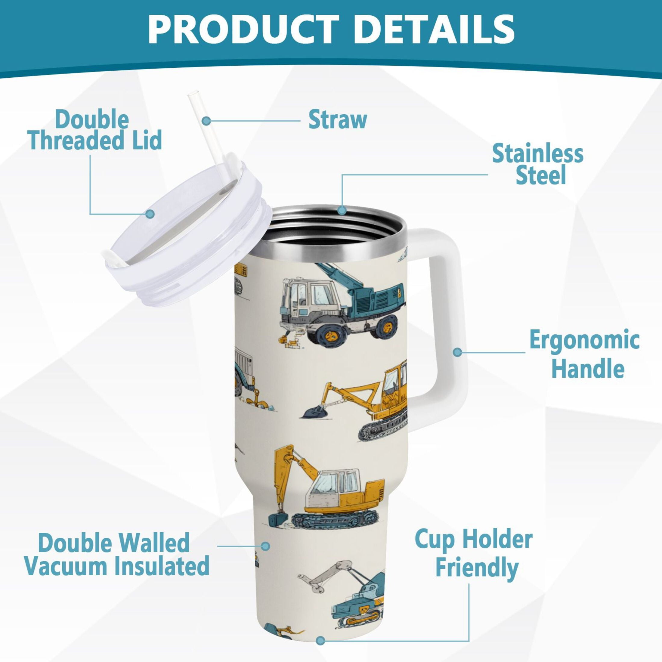 30 oz Insulated Stainless Steel Tumbler Double Wall Stainless Steel Tumbler with 2-Way Drinking Engineering Vehicle Pattern JCOA