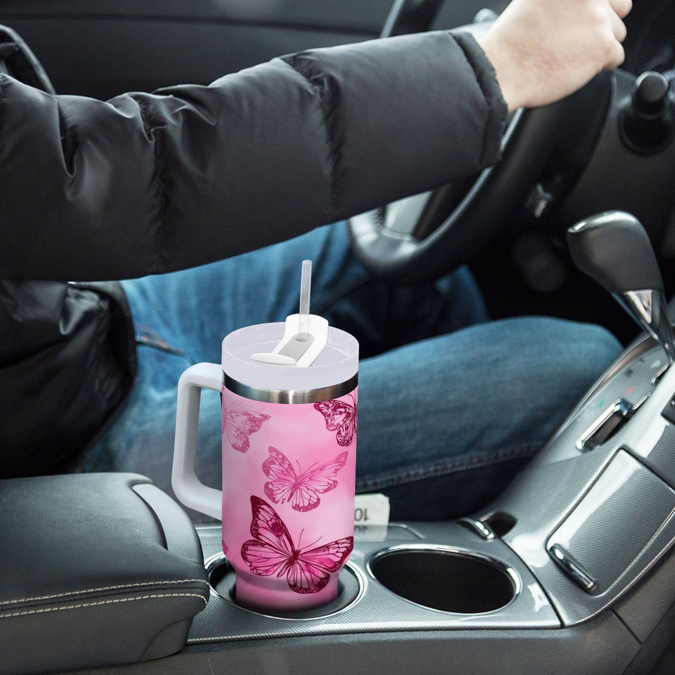 40 oz Insulated Stainless Steel Tumbler Double Wall Stainless Steel Tumbler with 2-Way Drinking Pink Butterfly Pattern GWES