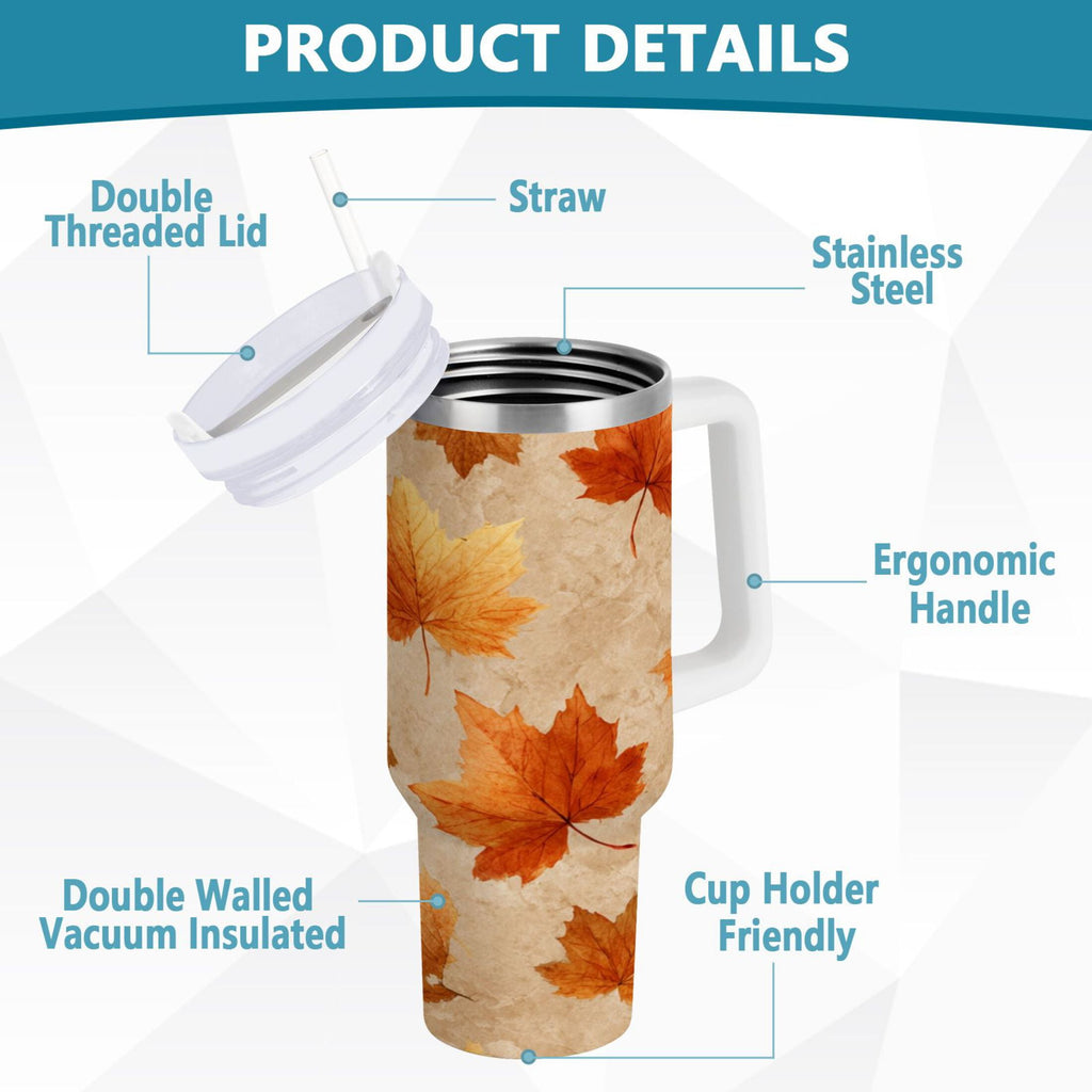 40 oz Insulated Stainless Steel Tumbler Double Wall Stainless Steel Tumbler with 2-Way Drinking Orange Autumn Leaves Pattern F2N5
