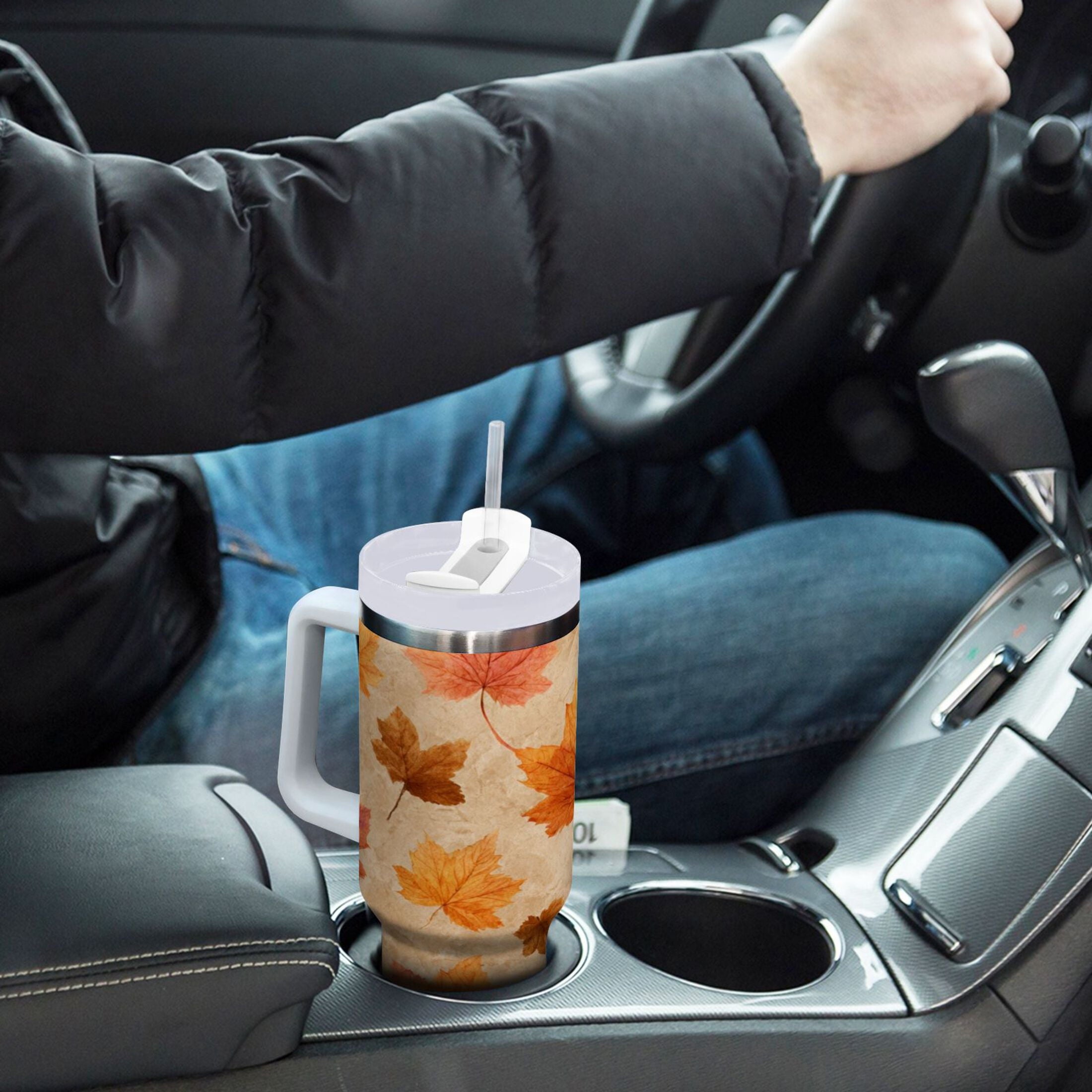 40 oz Insulated Stainless Steel Tumbler Double Wall Stainless Steel Tumbler with 2-Way Drinking Orange Autumn Leaves Pattern F2N5