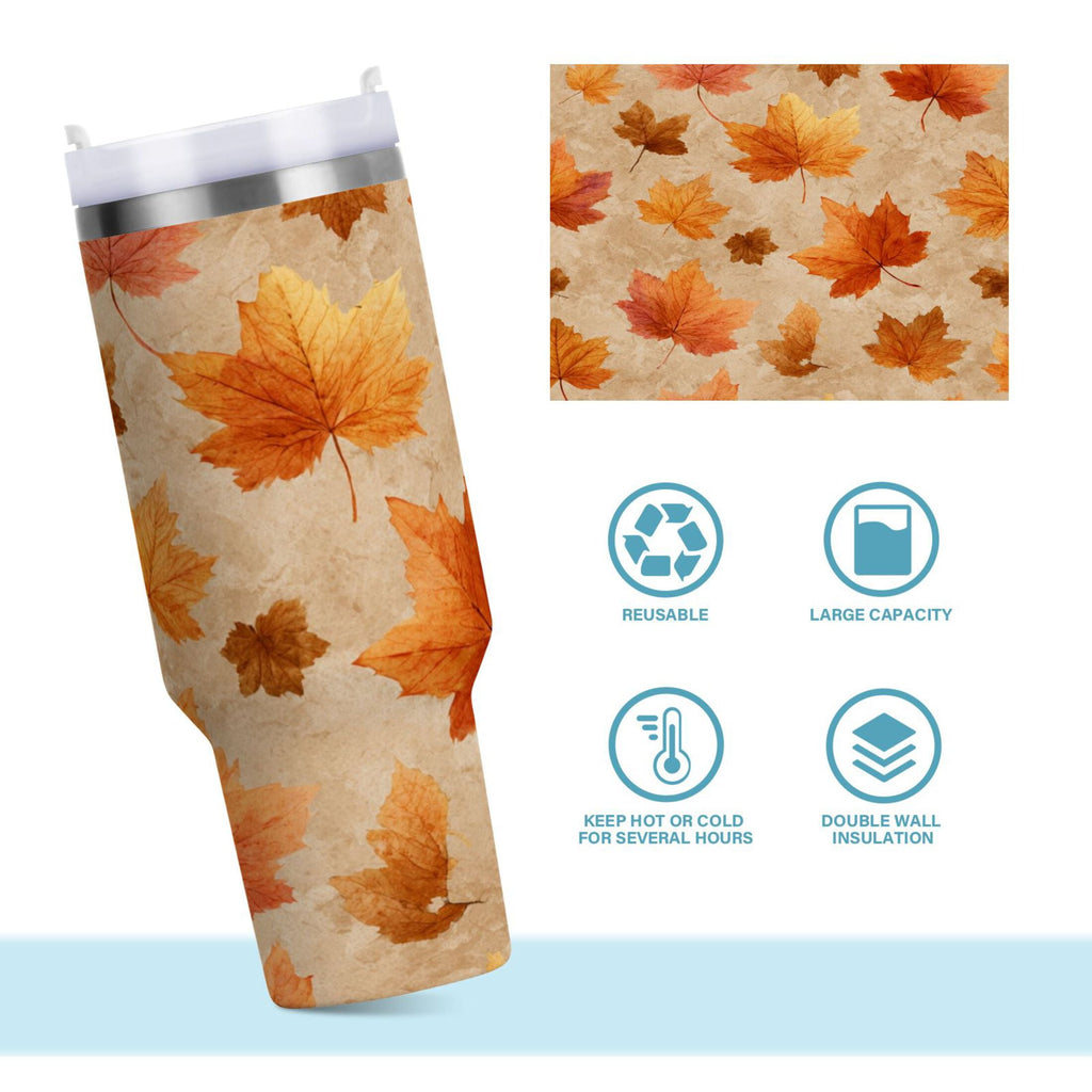 40 oz Insulated Stainless Steel Tumbler Double Wall Stainless Steel Tumbler with 2-Way Drinking Orange Autumn Leaves Pattern F2N5