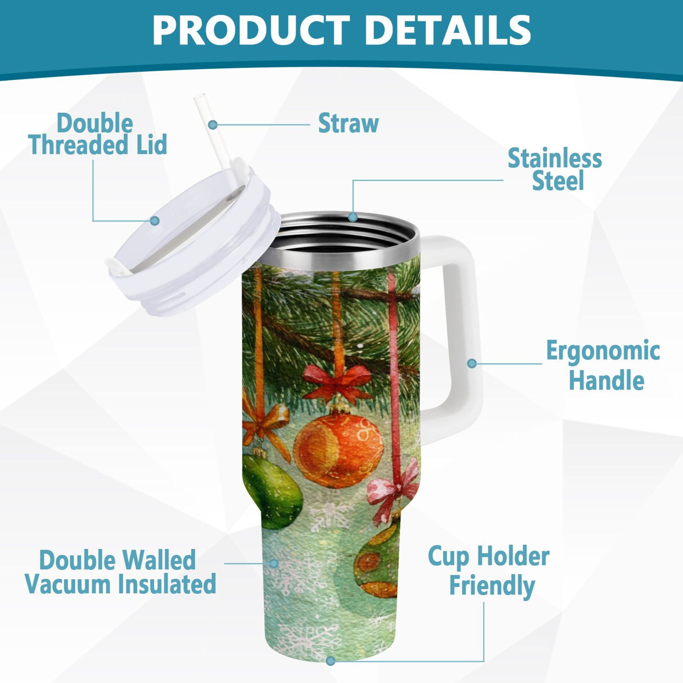 30 oz Insulated Stainless Steel Tumbler Double Wall Stainless Steel Tumbler with 2-Way Drinking Christmas Ornaments Watercolor Painting VLIN