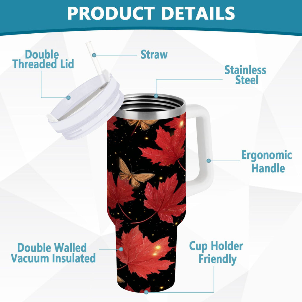 40 oz Insulated Stainless Steel Tumbler Double Wall Stainless Steel Tumbler with 2-Way Drinking Maple Leaves and Fireflies L4DA