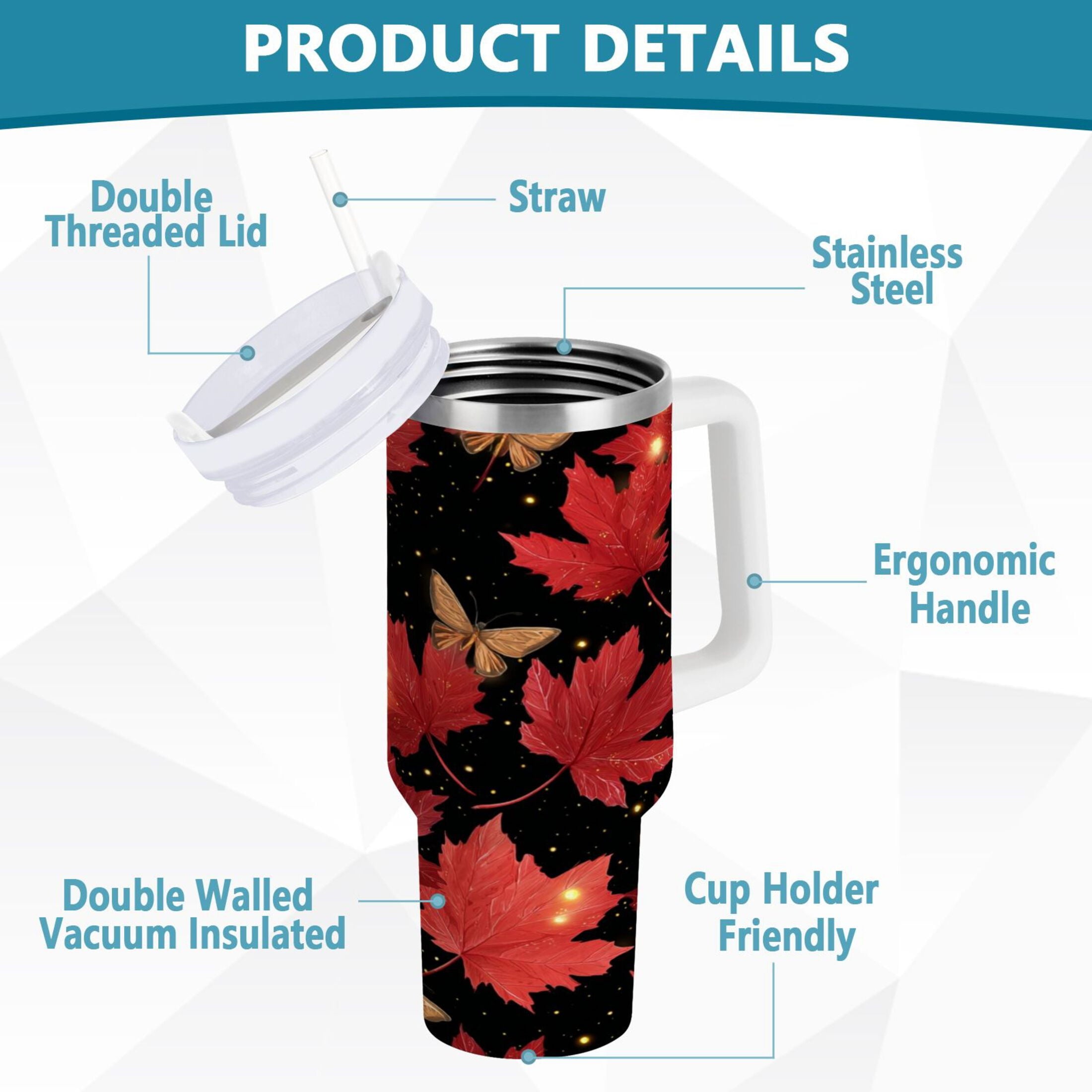 40 oz Insulated Stainless Steel Tumbler Double Wall Stainless Steel Tumbler with 2-Way Drinking Maple Leaves and Fireflies L4DA