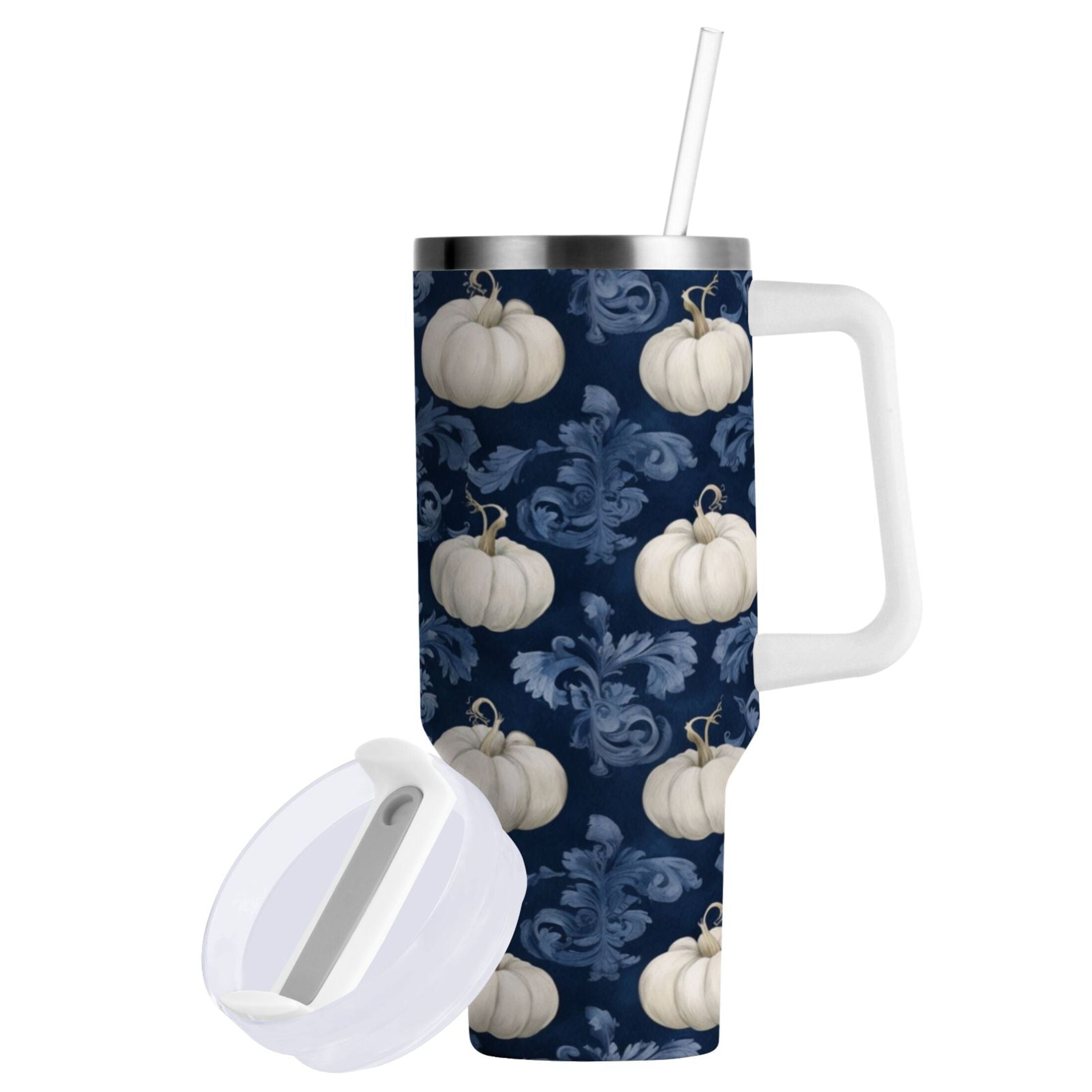 30 oz Insulated Stainless Steel Tumbler Double Wall Stainless Steel Tumbler with 2-Way Drinking Watercolor White Pumpkins USCI