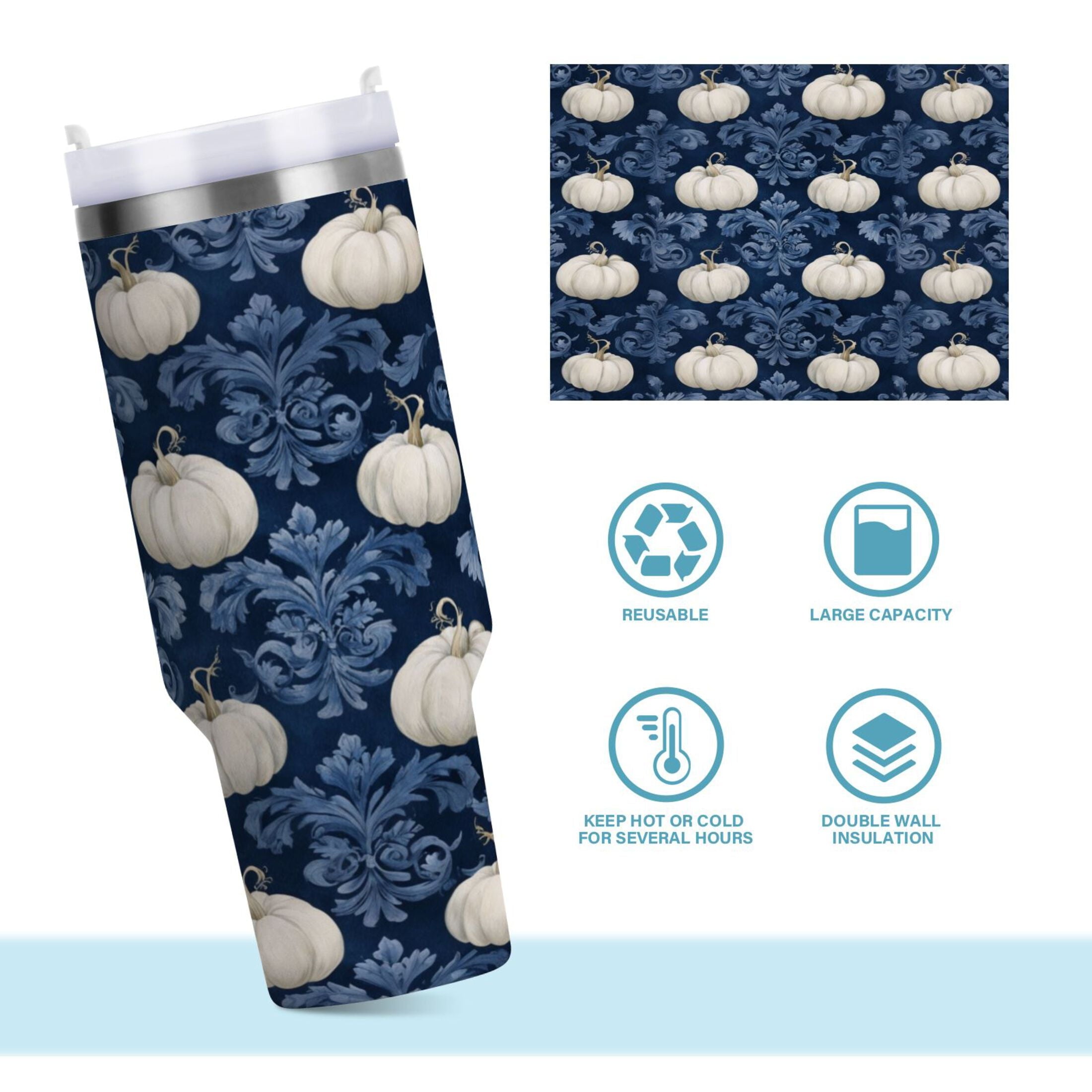 30 oz Insulated Stainless Steel Tumbler Double Wall Stainless Steel Tumbler with 2-Way Drinking Watercolor White Pumpkins USCI