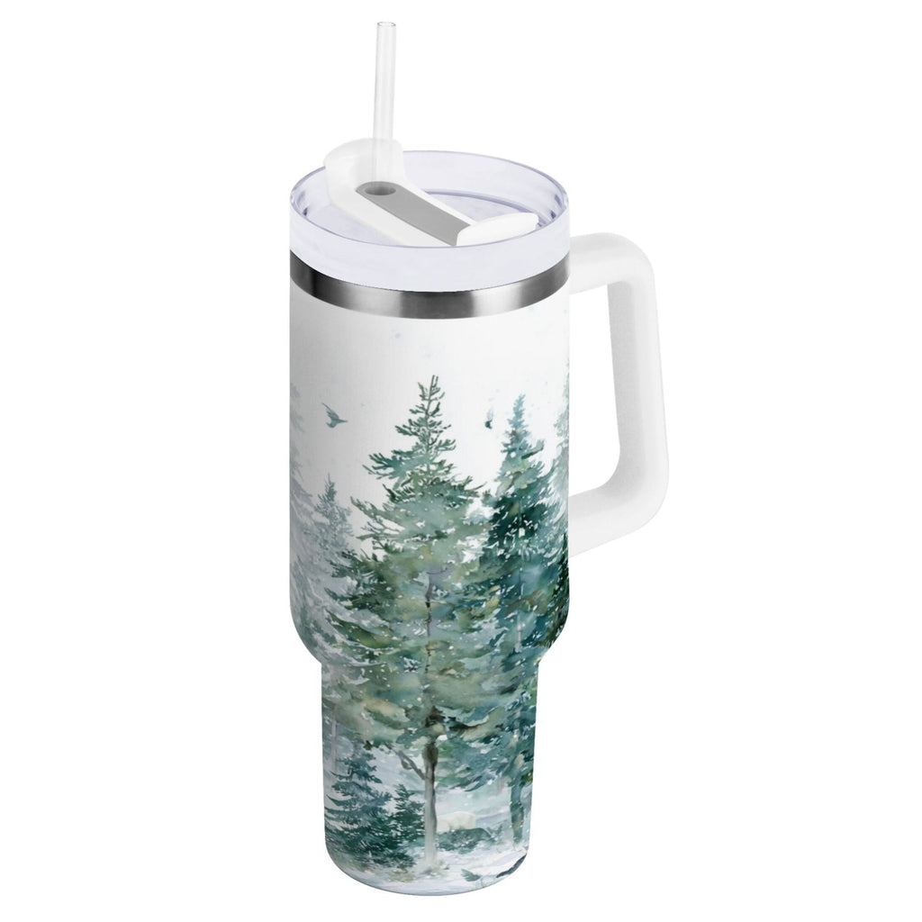 30 oz Insulated Stainless Steel Tumbler Double Wall Stainless Steel Tumbler with 2-Way Drinking Green Snowy Forest Scene VKER