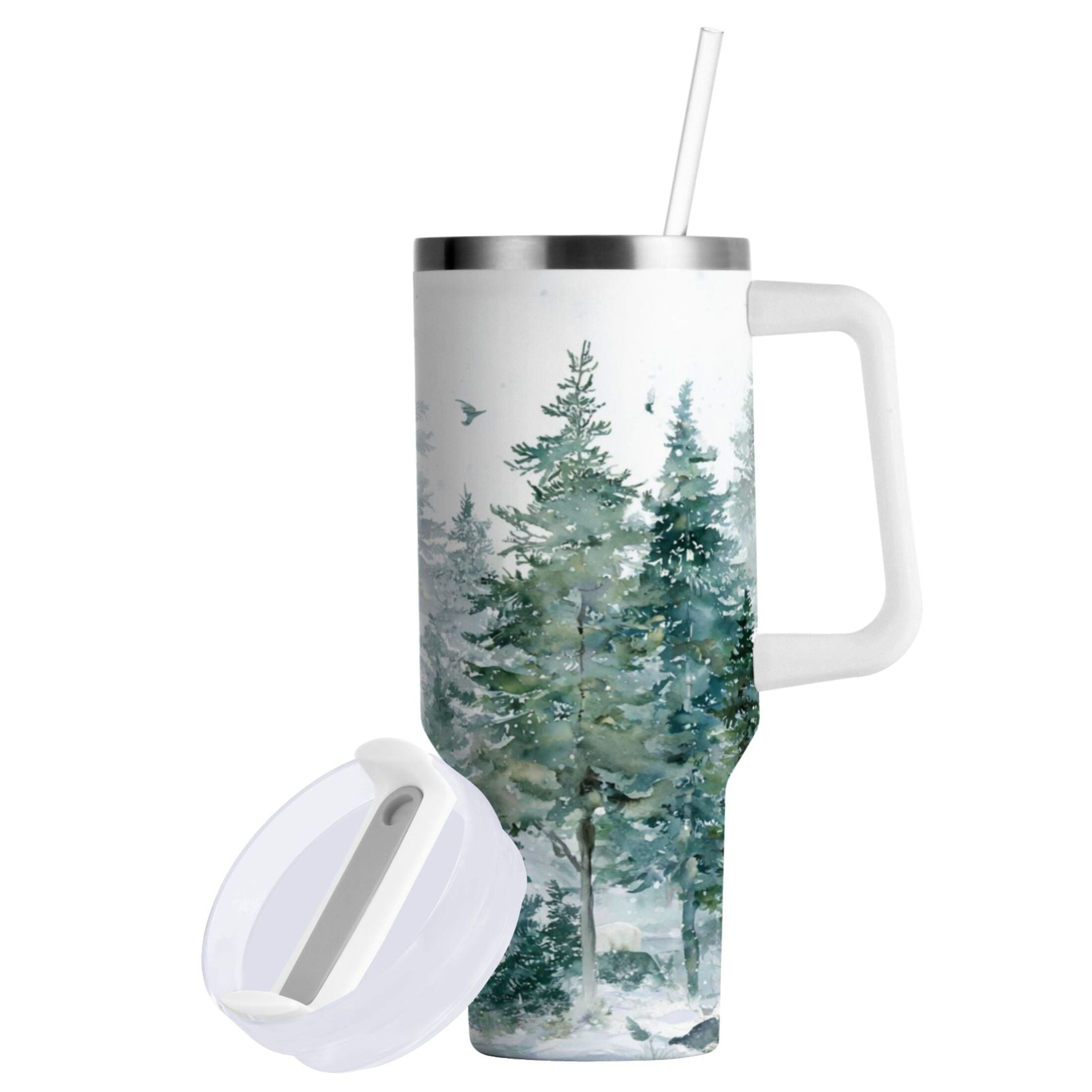 30 oz Insulated Stainless Steel Tumbler Double Wall Stainless Steel Tumbler with 2-Way Drinking Green Snowy Forest Scene VKER