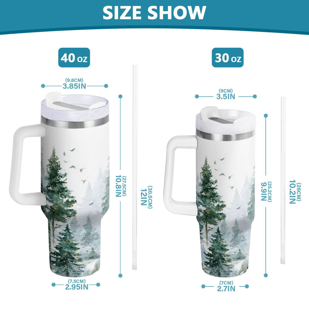 30 oz Insulated Stainless Steel Tumbler Double Wall Stainless Steel Tumbler with 2-Way Drinking Green Snowy Forest Scene VKER