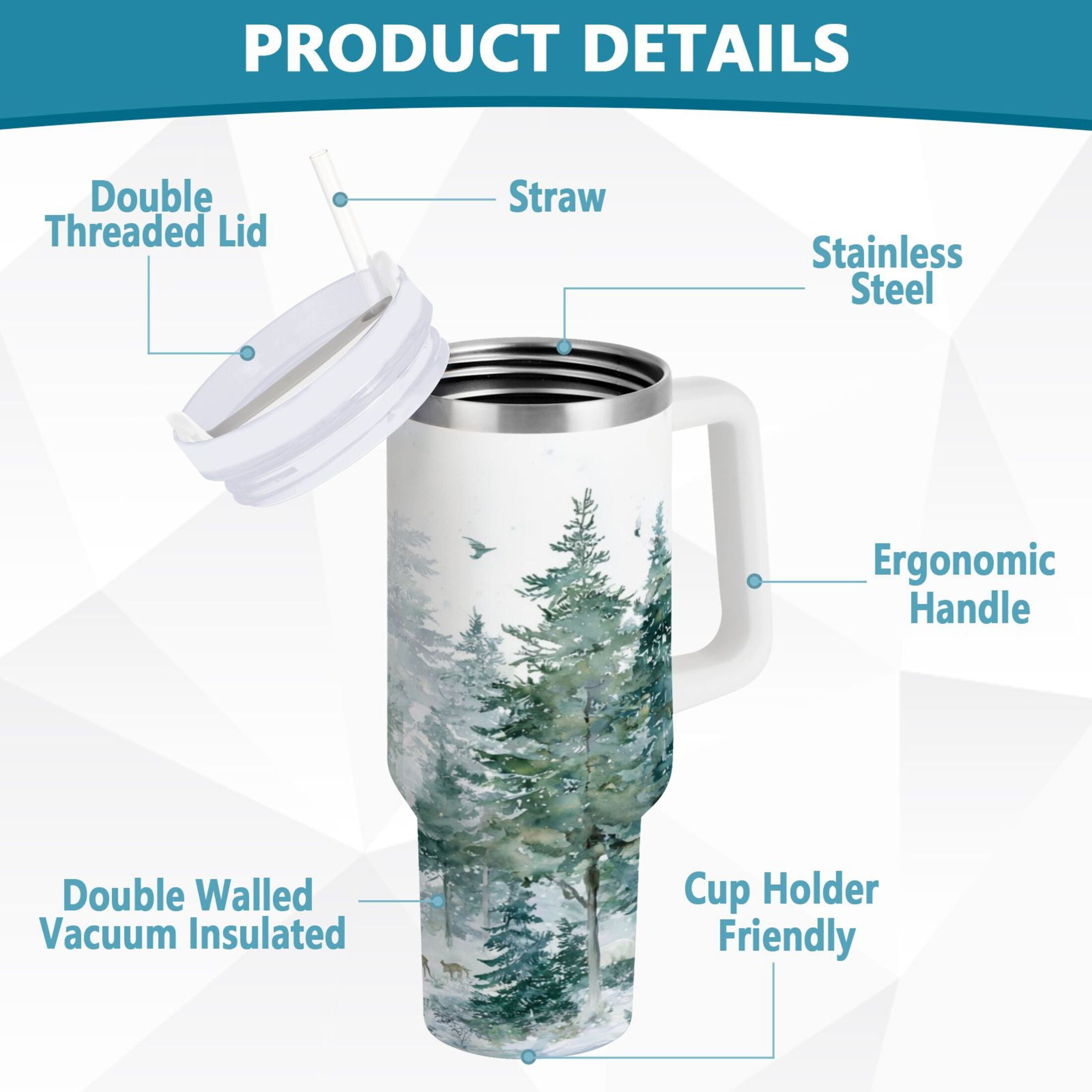 30 oz Insulated Stainless Steel Tumbler Double Wall Stainless Steel Tumbler with 2-Way Drinking Green Snowy Forest Scene VKER