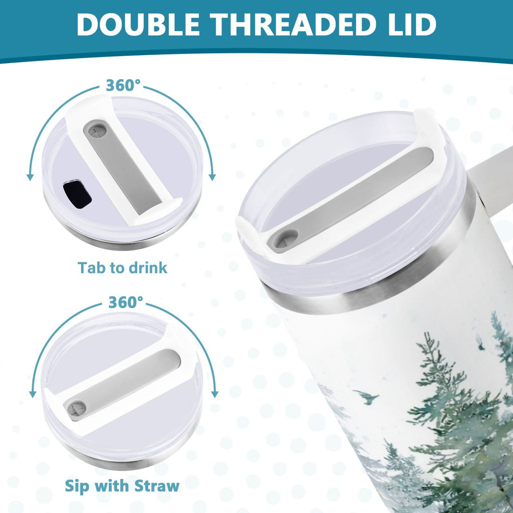 30 oz Insulated Stainless Steel Tumbler Double Wall Stainless Steel Tumbler with 2-Way Drinking Green Snowy Forest Scene VKER
