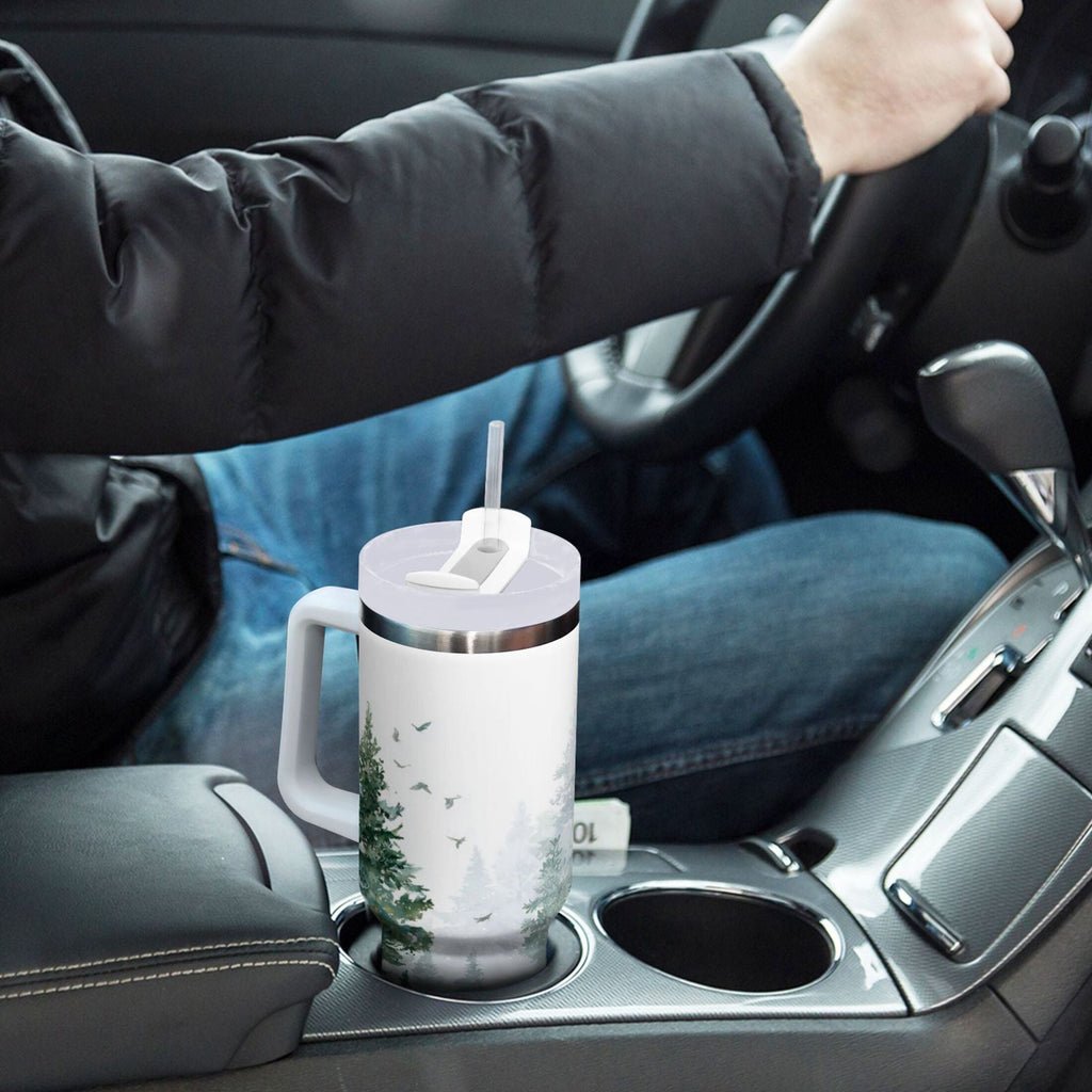 30 oz Insulated Stainless Steel Tumbler Double Wall Stainless Steel Tumbler with 2-Way Drinking Green Snowy Forest Scene VKER