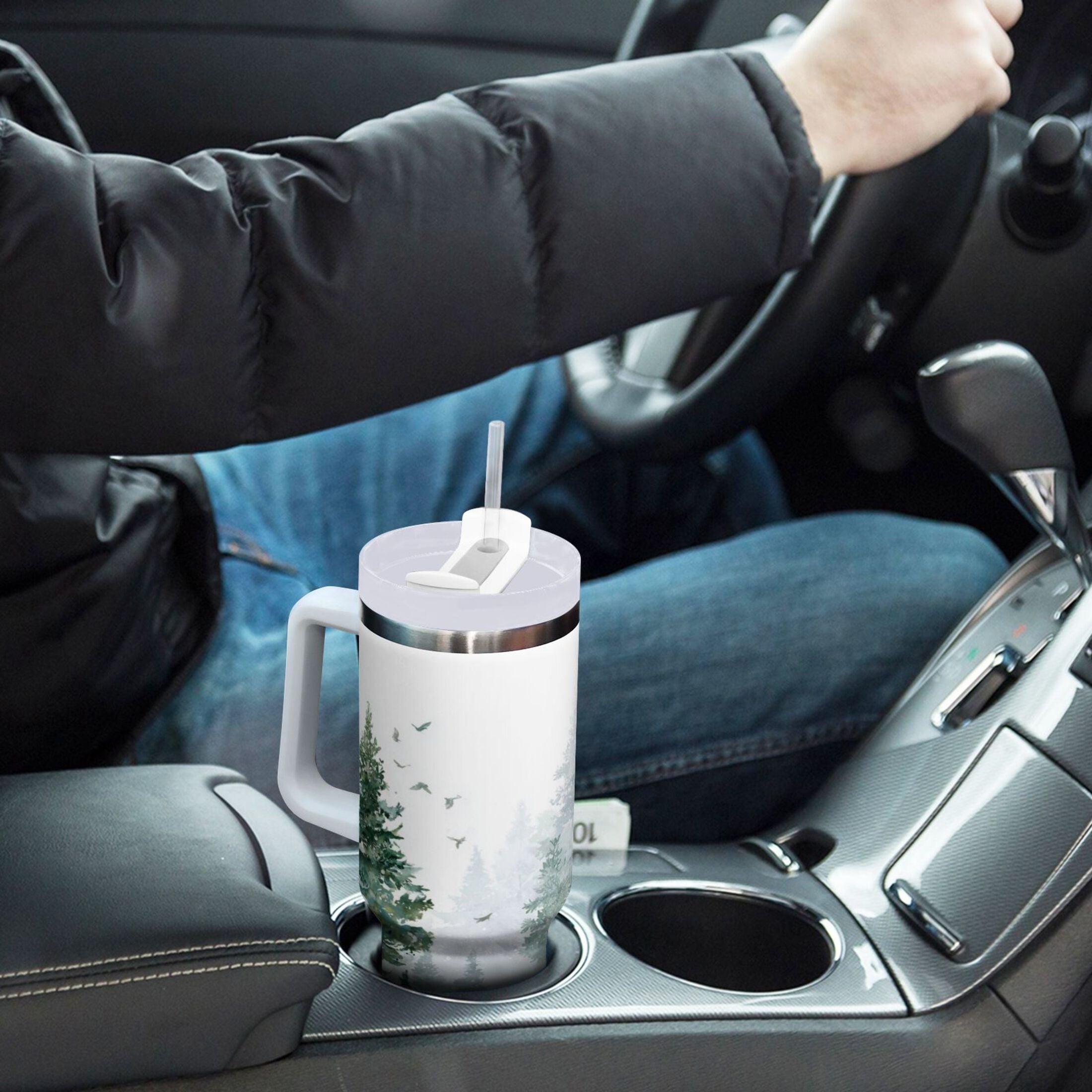 30 oz Insulated Stainless Steel Tumbler Double Wall Stainless Steel Tumbler with 2-Way Drinking Green Snowy Forest Scene VKER