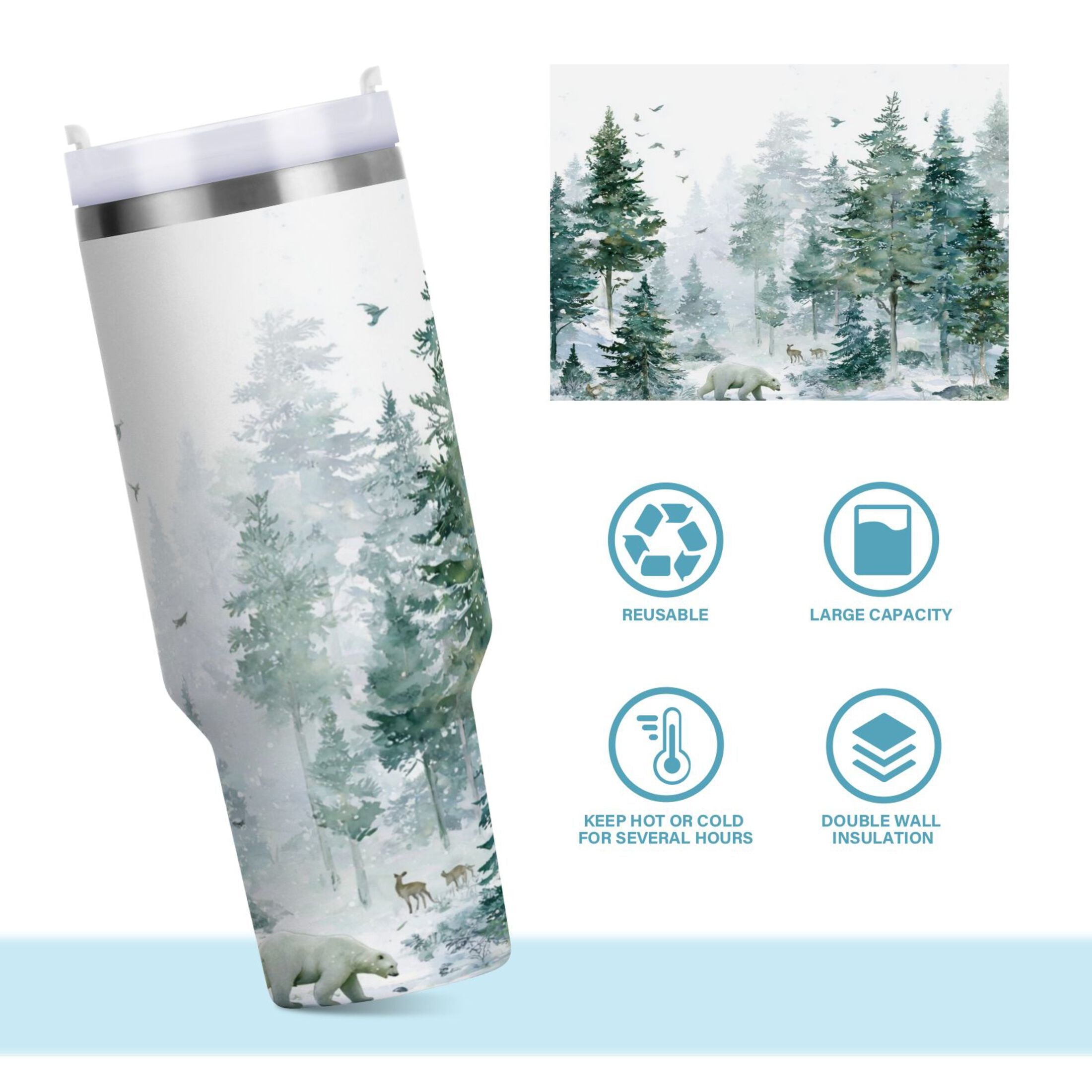 30 oz Insulated Stainless Steel Tumbler Double Wall Stainless Steel Tumbler with 2-Way Drinking Green Snowy Forest Scene VKER