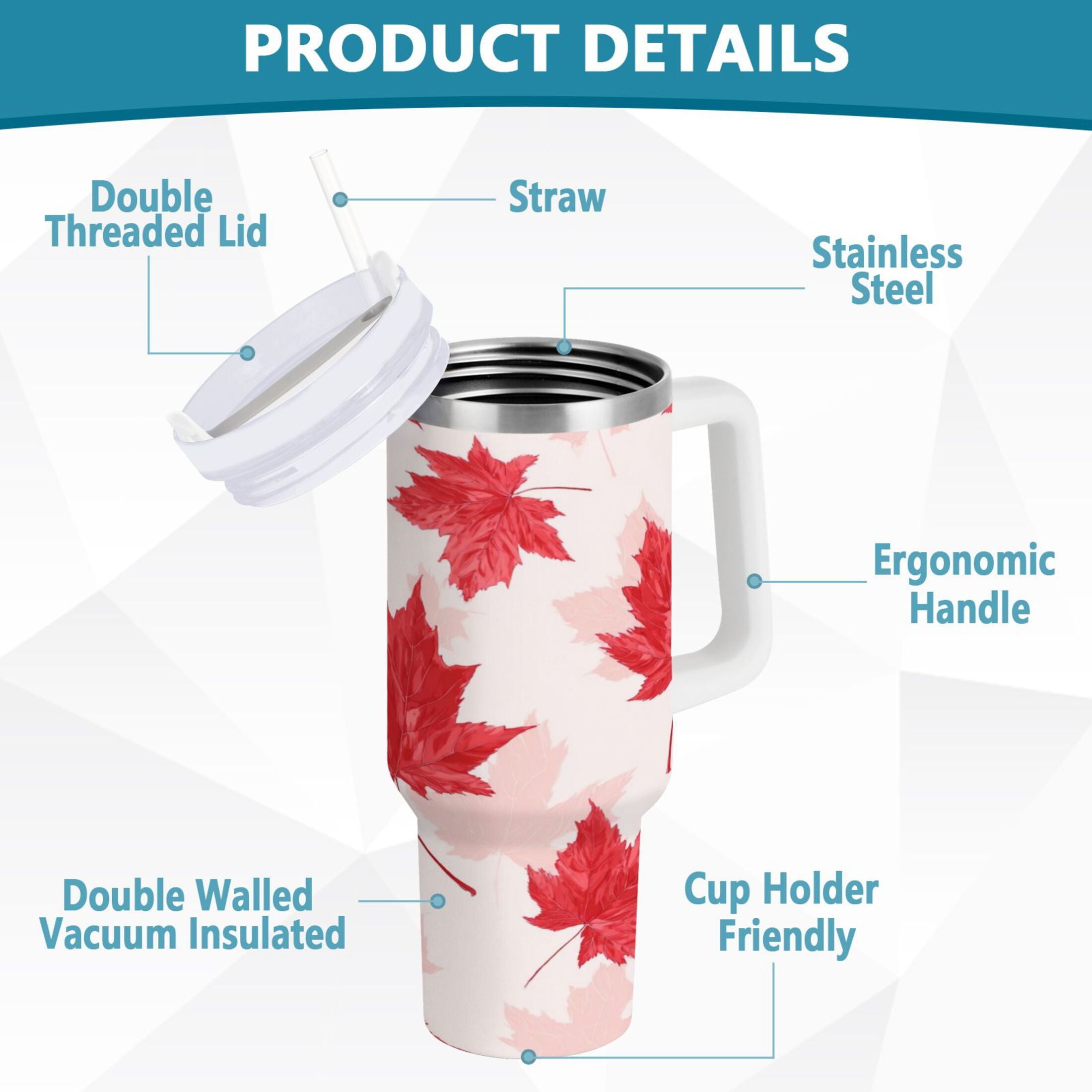 40 oz Insulated Stainless Steel Tumbler Double Wall Stainless Steel Tumbler with 2-Way Drinking Red Maple Leaves Pattern 1YXG