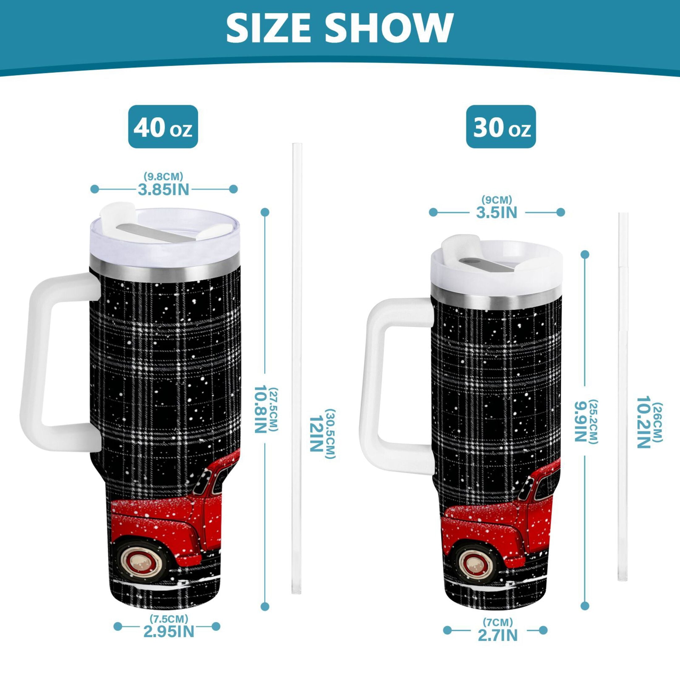 40 oz Insulated Stainless Steel Tumbler Double Wall Stainless Steel Tumbler with 2-Way Drinking Red Truck with Christmas Tree H1CN