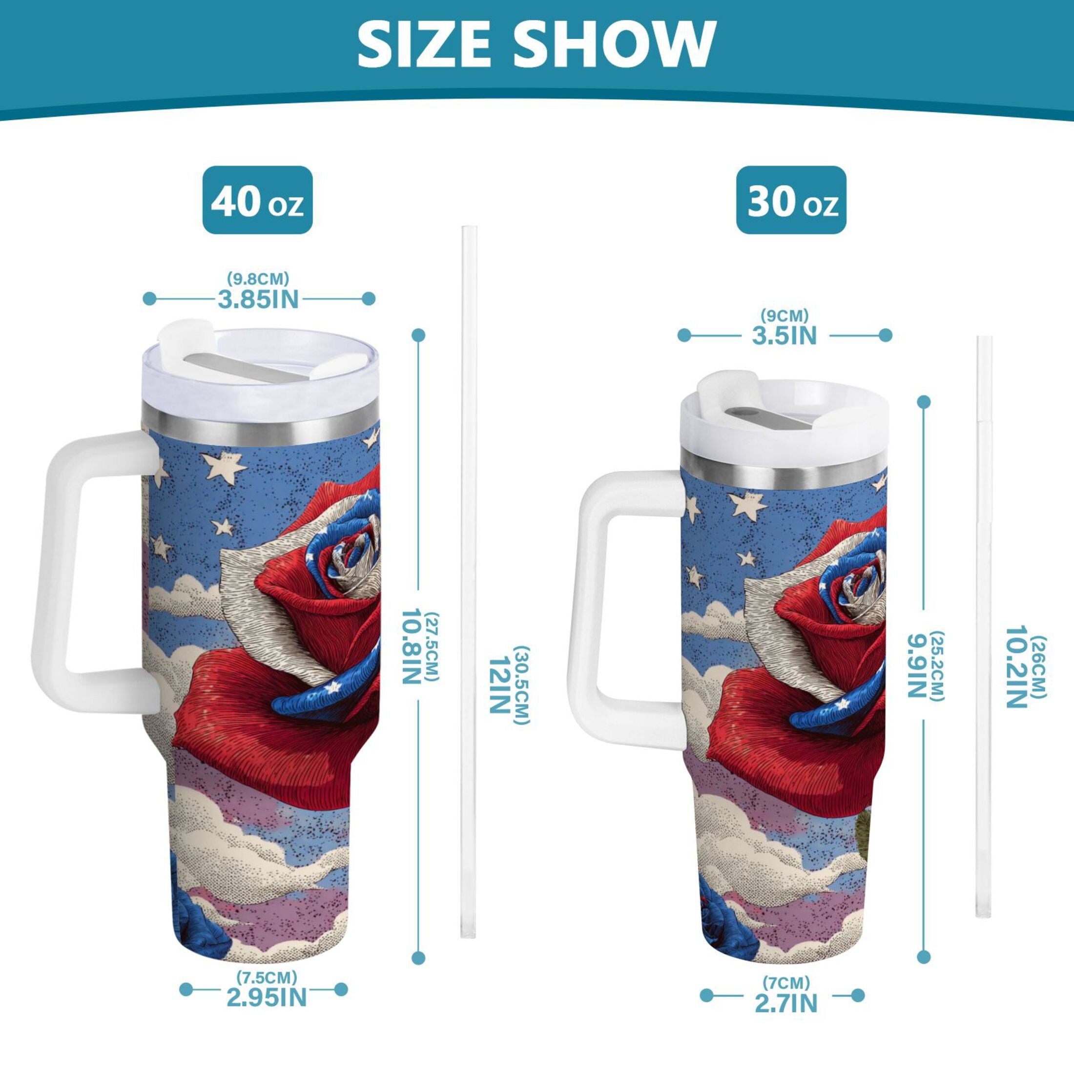 40 oz Insulated Stainless Steel Tumbler Double Wall Stainless Steel Tumbler with 2-Way Drinking Roses and Clouds D14B