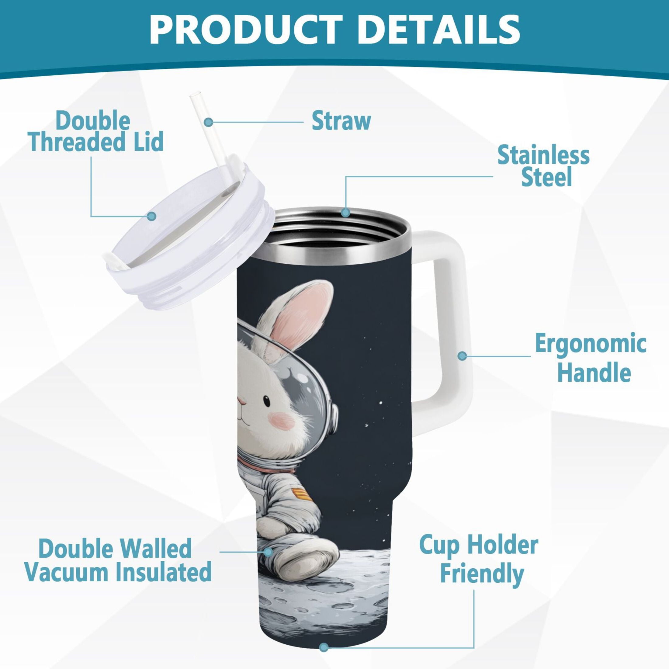 40 oz Insulated Stainless Steel Tumbler Double Wall Stainless Steel Tumbler with 2-Way Drinking Rabbit in A Space ZSU7