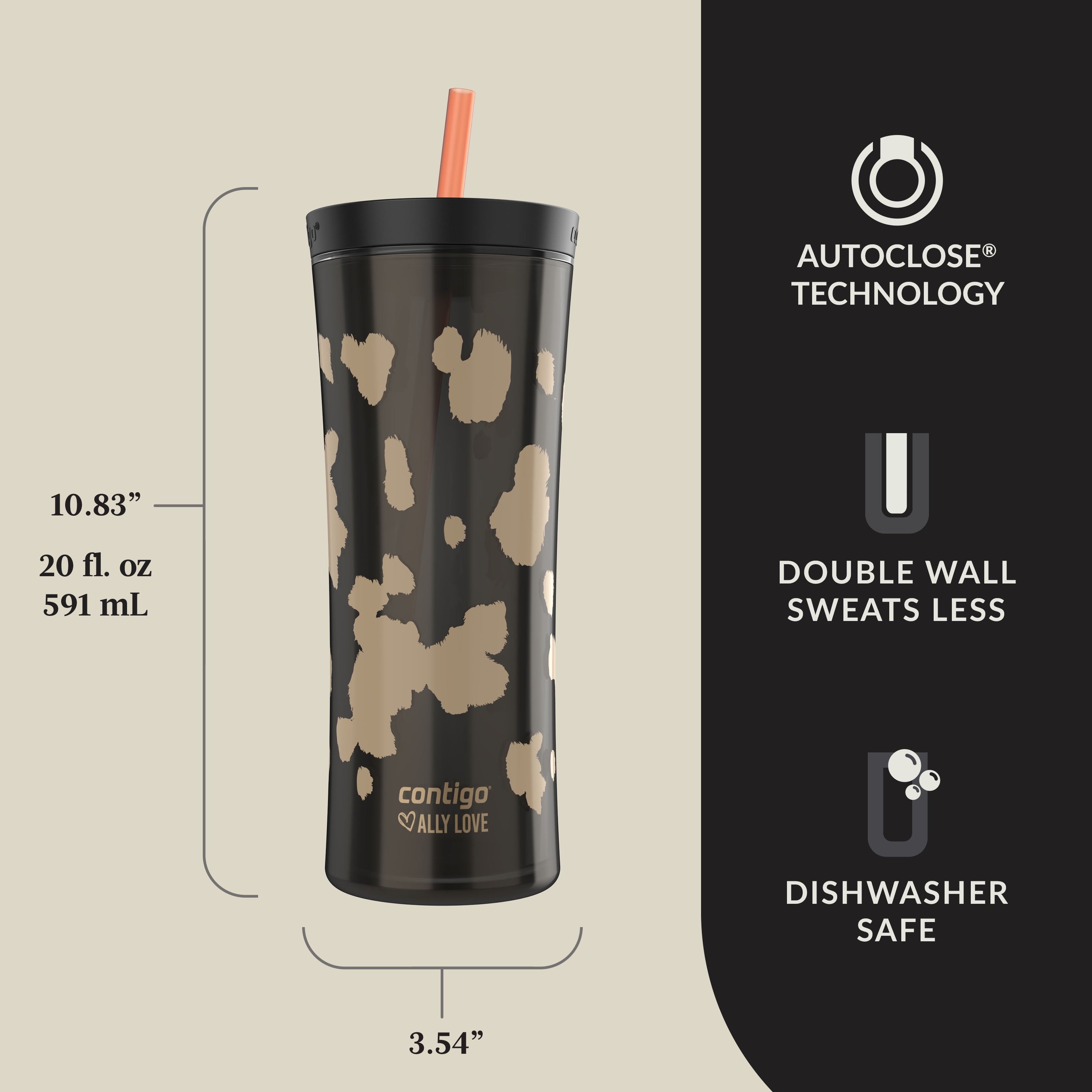 Contigo 20oz Shake &amp; Go Tumbler, Plastic with Straw, Licorice Cowhide Couture UCAX