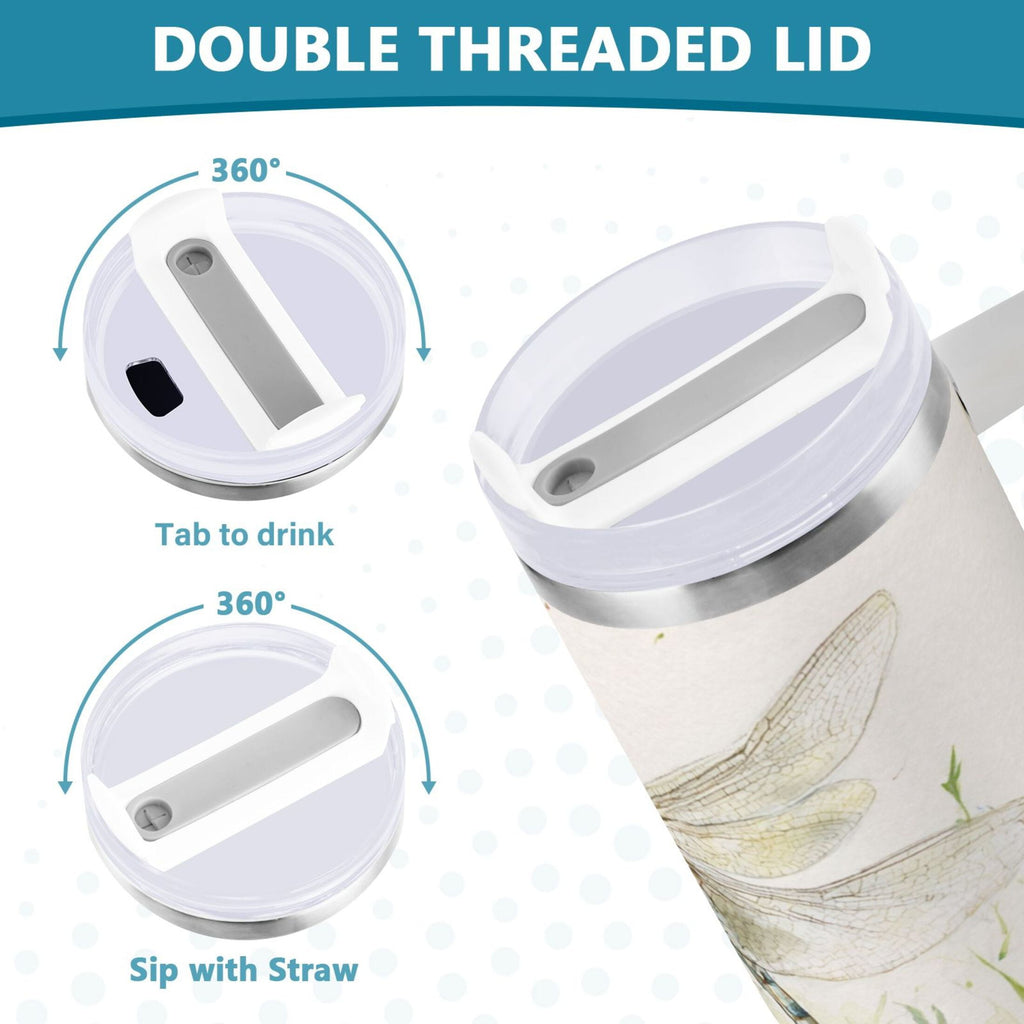 30 oz Insulated Stainless Steel Tumbler Double Wall Stainless Steel Tumbler with 2-Way Drinking Dragonflies with White Daisies RRPZ