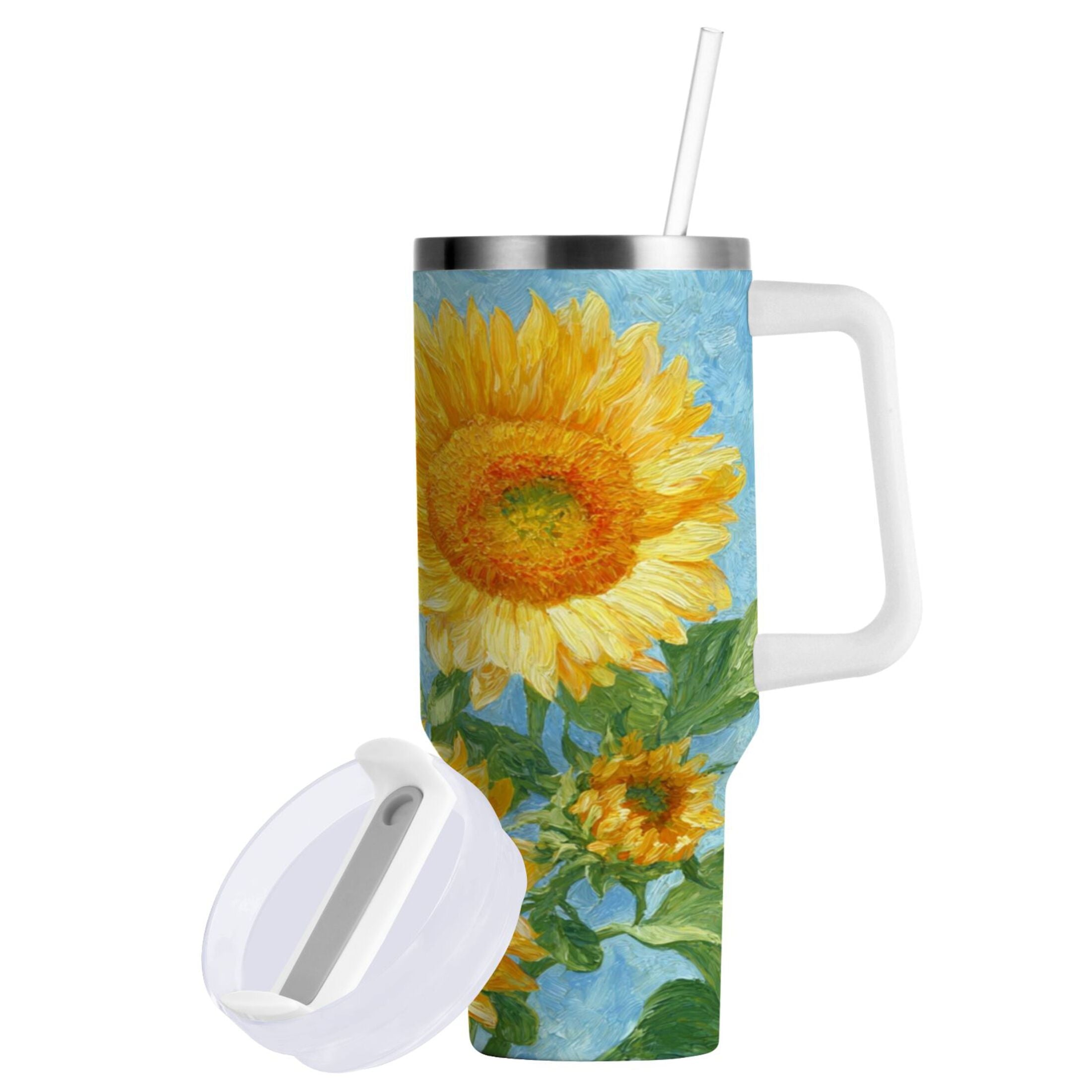 40 oz Insulated Stainless Steel Tumbler Double Wall Stainless Steel Tumbler with 2-Way Drinking Sunflower Oil Painting U1WM
