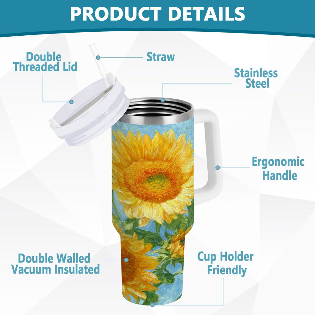 40 oz Insulated Stainless Steel Tumbler Double Wall Stainless Steel Tumbler with 2-Way Drinking Sunflower Oil Painting U1WM