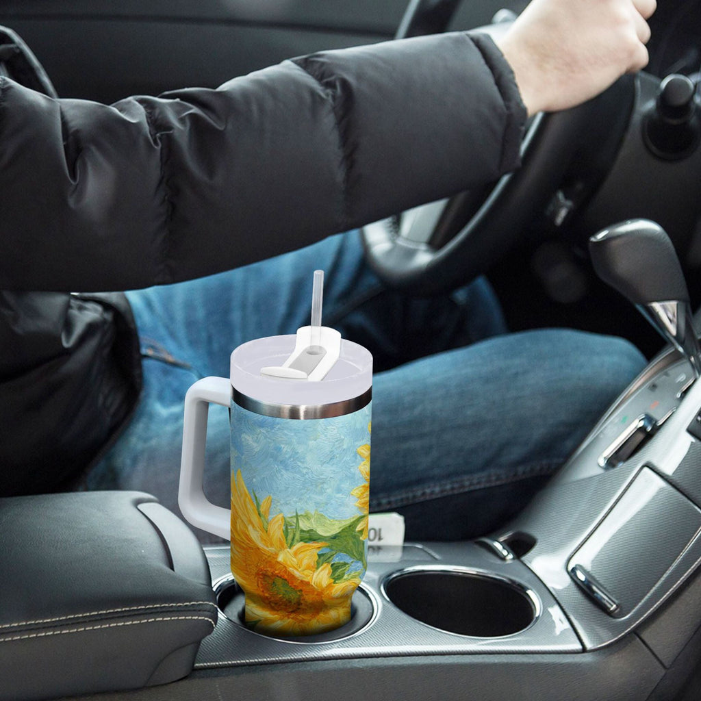 40 oz Insulated Stainless Steel Tumbler Double Wall Stainless Steel Tumbler with 2-Way Drinking Sunflower Oil Painting U1WM
