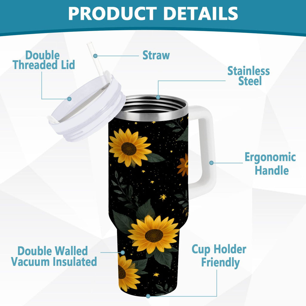 30 oz Insulated Stainless Steel Tumbler Double Wall Stainless Steel Tumbler with 2-Way Drinking Yellow Sunflower Pattern 0C16