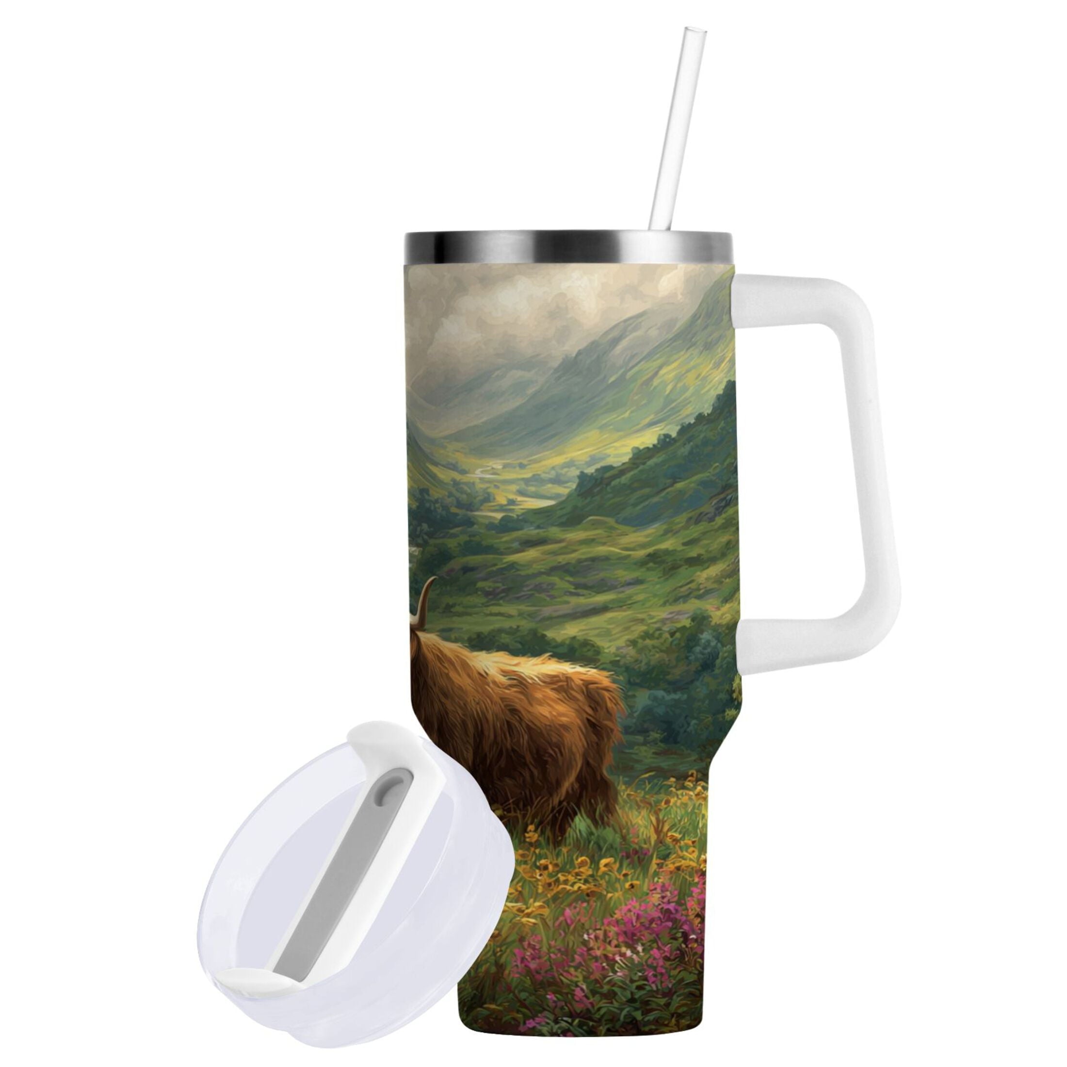 30 oz Insulated Stainless Steel Tumbler Double Wall Stainless Steel Tumbler with 2-Way Drinking Cow in Green Rolling Hills 2PST