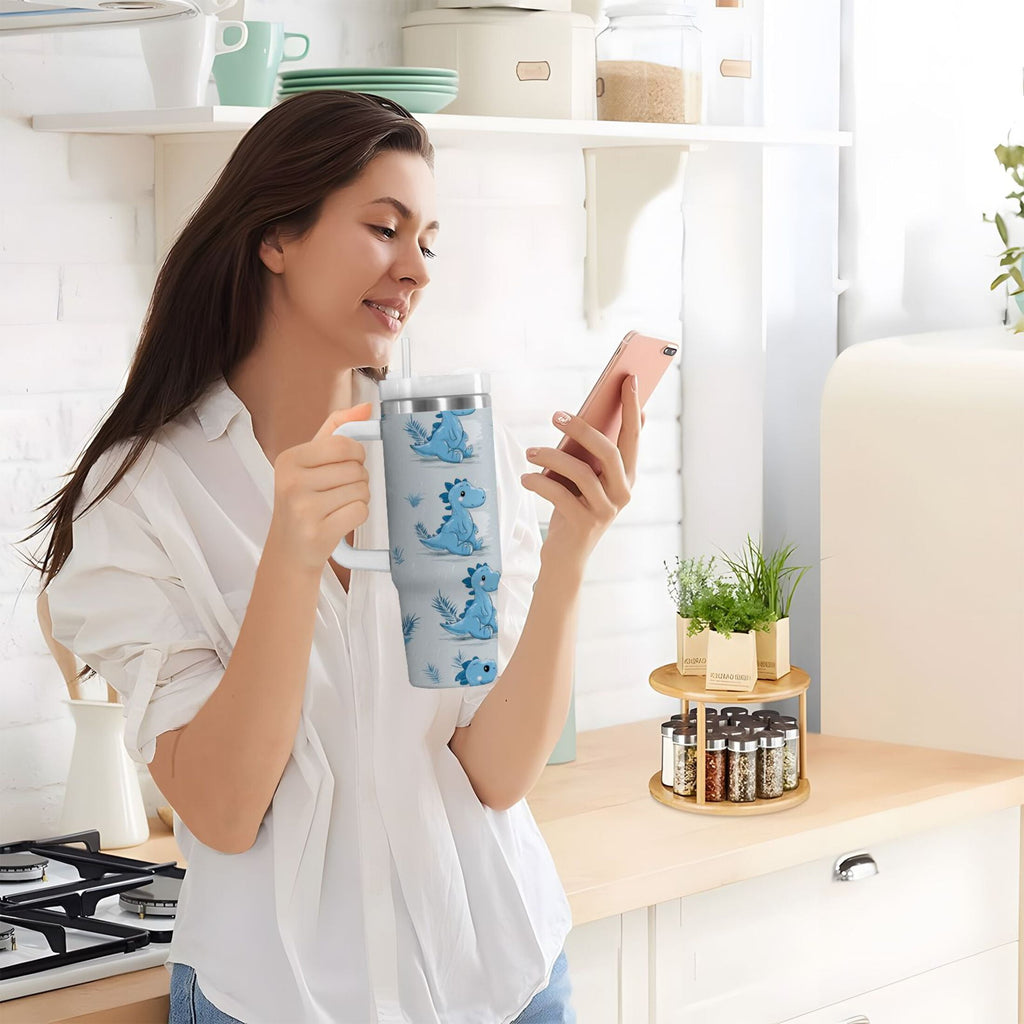 30 oz Insulated Stainless Steel Tumbler Double Wall Stainless Steel Tumbler with 2-Way Drinking Cartoon Blue Dinosaurs 73KN