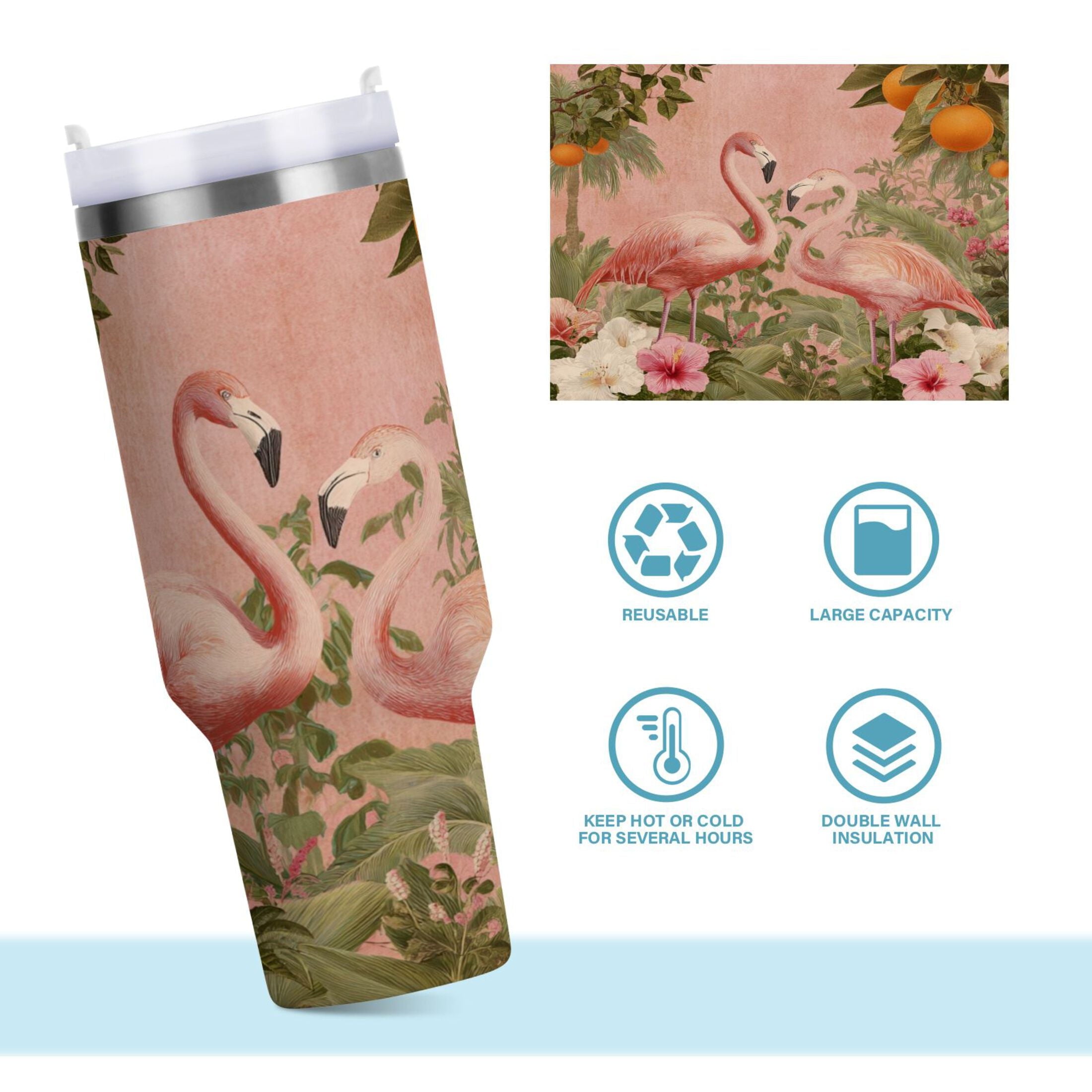 40 oz Insulated Stainless Steel Tumbler Double Wall Stainless Steel Tumbler with 2-Way Drinking Flamingos in Tropical Garden RY99
