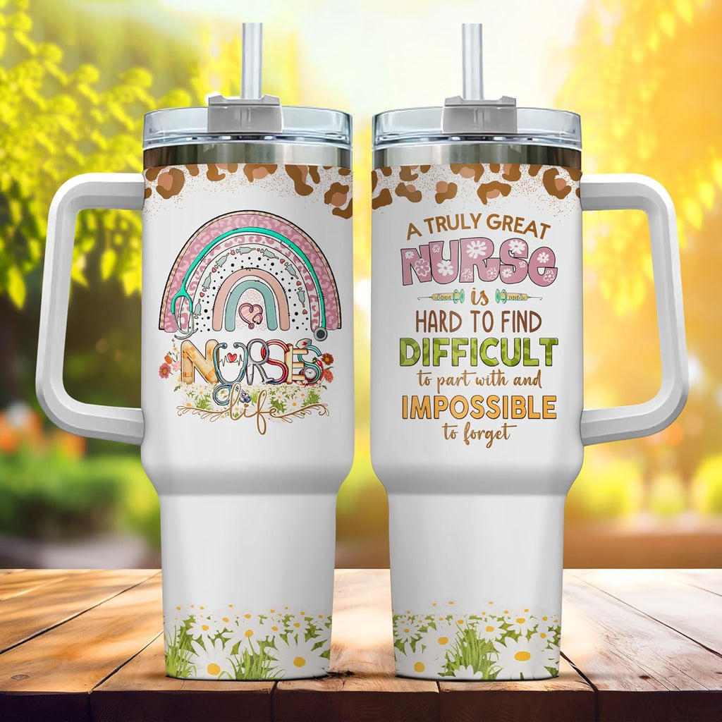 Tumbler 40 Oz With Handle Lid And Straw, Nurse Gifts, Black Camo White Engraved Print Travel Nurses Tumblers Handle Funny Cups Nursing For, Great Nurse Rainbow Daisy Flower FV57