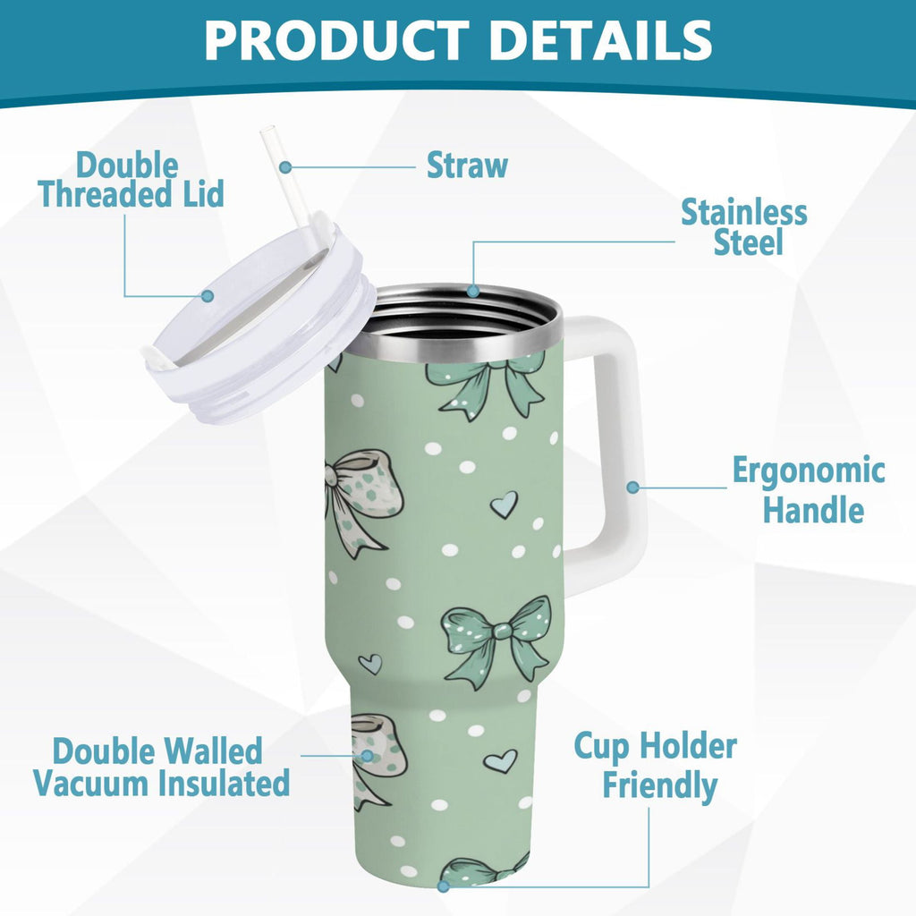 30 oz Insulated Stainless Steel Tumbler Double Wall Stainless Steel Tumbler with 2-Way Drinking Green and Mint Bows GSQF