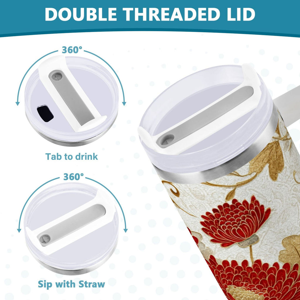 30 oz Insulated Stainless Steel Tumbler Double Wall Stainless Steel Tumbler with 2-Way Drinking Red Chrysanthemum Pattern 234D