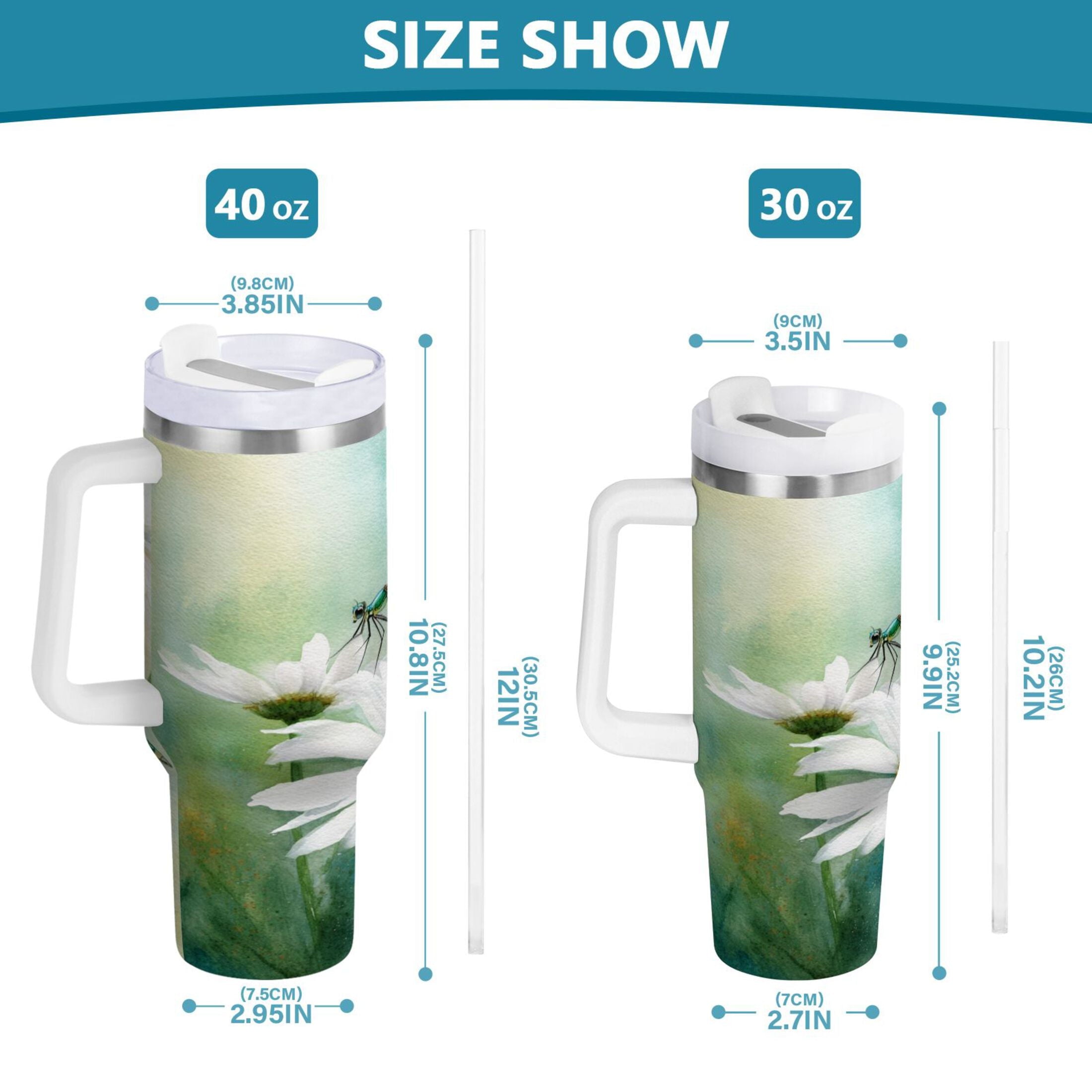 30 oz Insulated Stainless Steel Tumbler Double Wall Stainless Steel Tumbler with 2-Way Drinking Beautiful Dragonflies and Daisies 3A2U