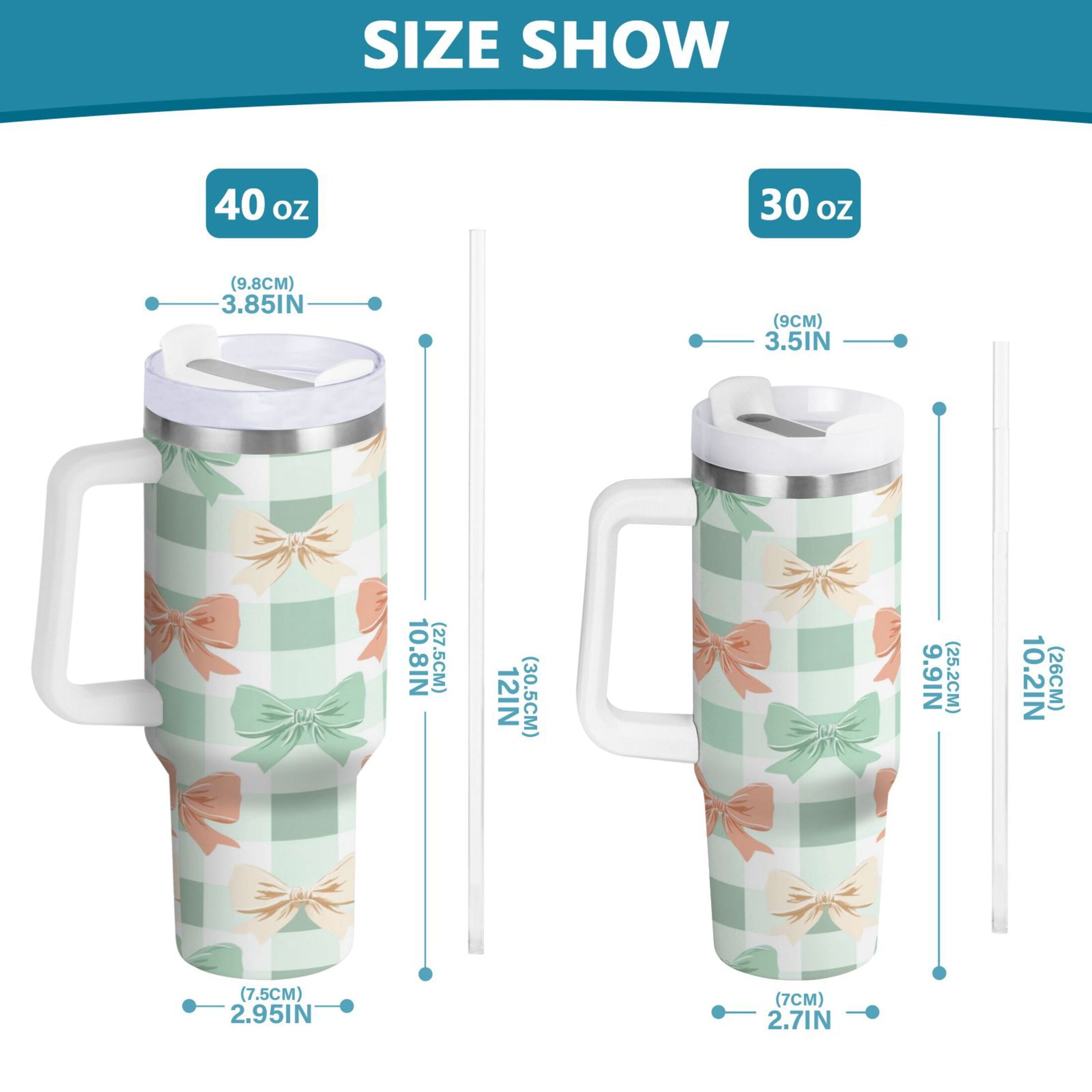 40 oz Insulated Stainless Steel Tumbler Double Wall Stainless Steel Tumbler with 2-Way Drinking Green and Peach Bow Pattern 85MI