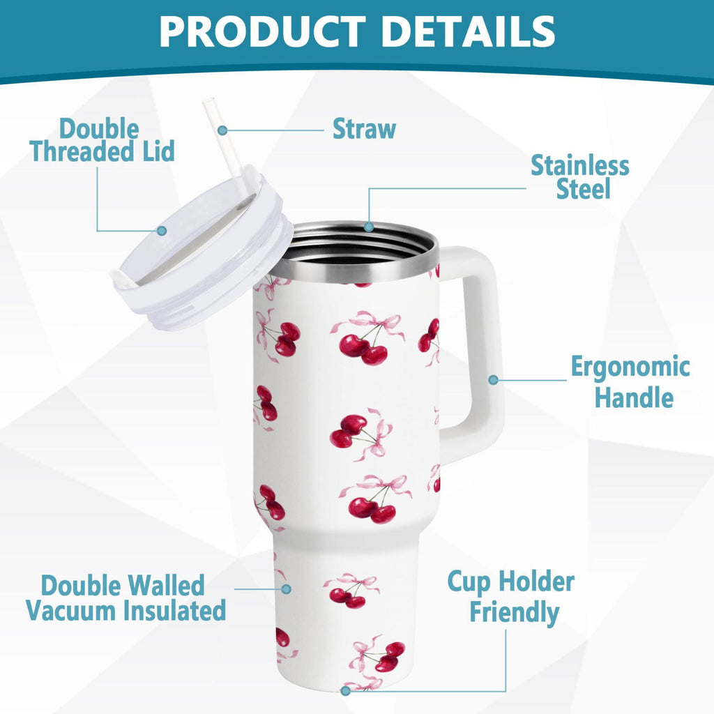30 oz Insulated Stainless Steel Tumbler Double Wall Stainless Steel Tumbler with 2-Way Drinking Watercolor Cherries Pattern 4FUC