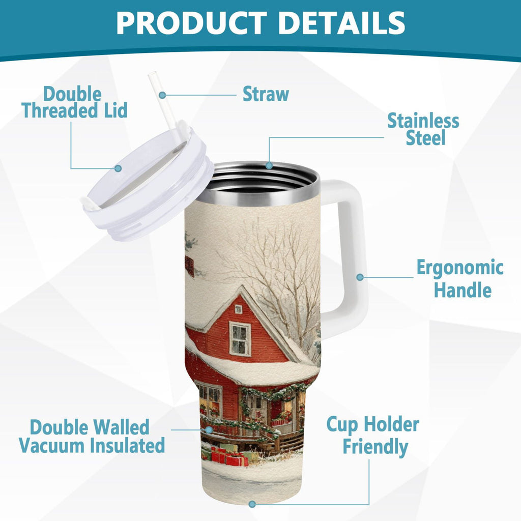 40 oz Insulated Stainless Steel Tumbler Double Wall Stainless Steel Tumbler with 2-Way Drinking House with Snow-covered Roof 10L5