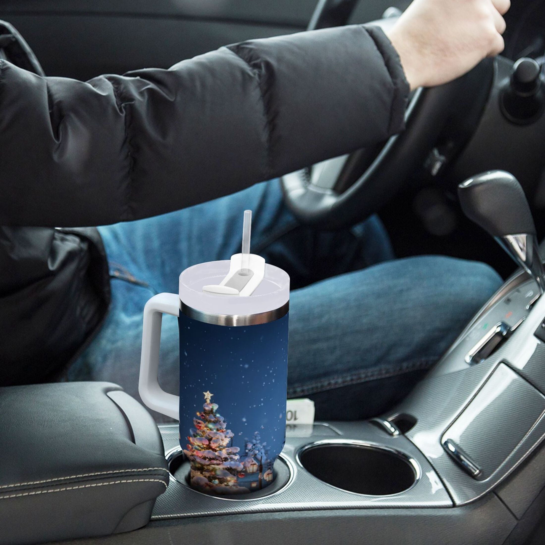 30 oz Insulated Stainless Steel Tumbler Double Wall Stainless Steel Tumbler with 2-Way Drinking Christmas Night Scene RKBP