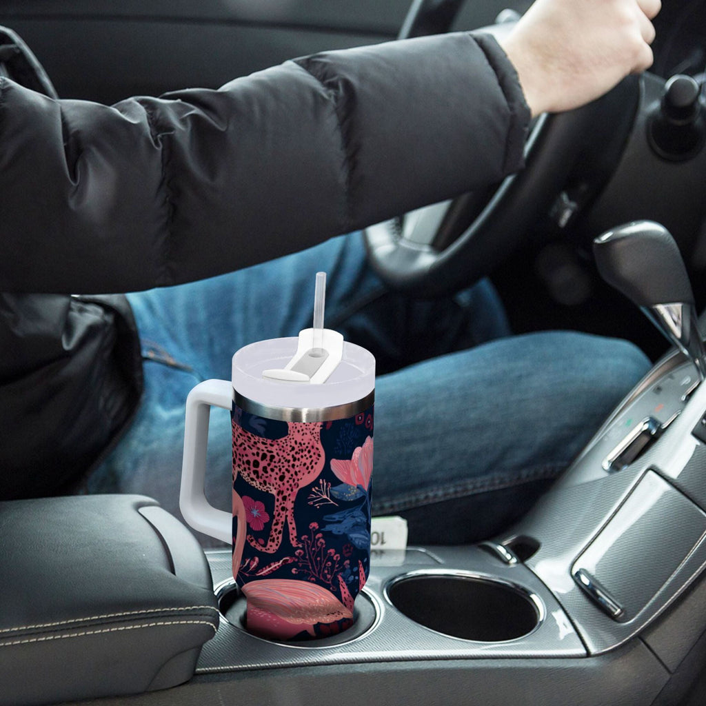 30 oz Insulated Stainless Steel Tumbler Double Wall Stainless Steel Tumbler with 2-Way Drinking Flamingos and Leopard Print 805Q