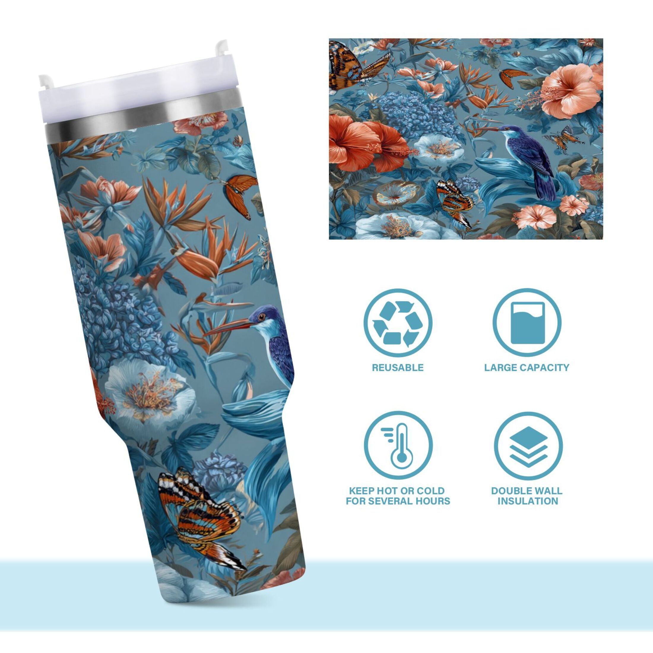30 oz Insulated Stainless Steel Tumbler Double Wall Stainless Steel Tumbler with 2-Way Drinking Birds and Flowers VR5W
