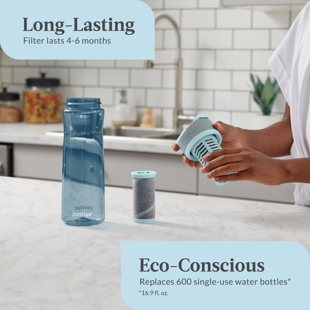 (2 pack) Contigo Clybourn Plastic FreeFlow Filter Water Bottle with AUTOSEAL Lid 24 oz., Dark Ice, with Replacable Filter K2LG