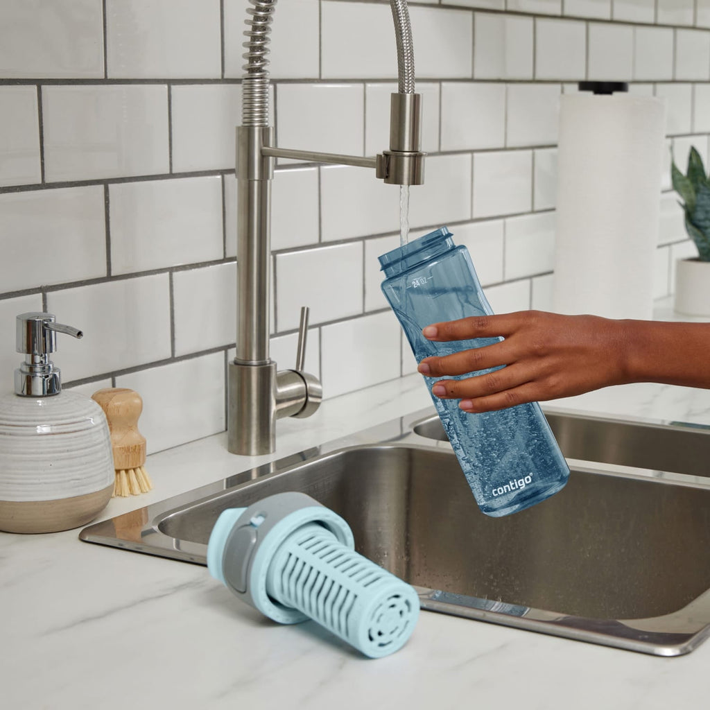 (2 pack) Contigo Clybourn Plastic FreeFlow Filter Water Bottle with AUTOSEAL Lid 24 oz., Dark Ice, with Replacable Filter K2LG